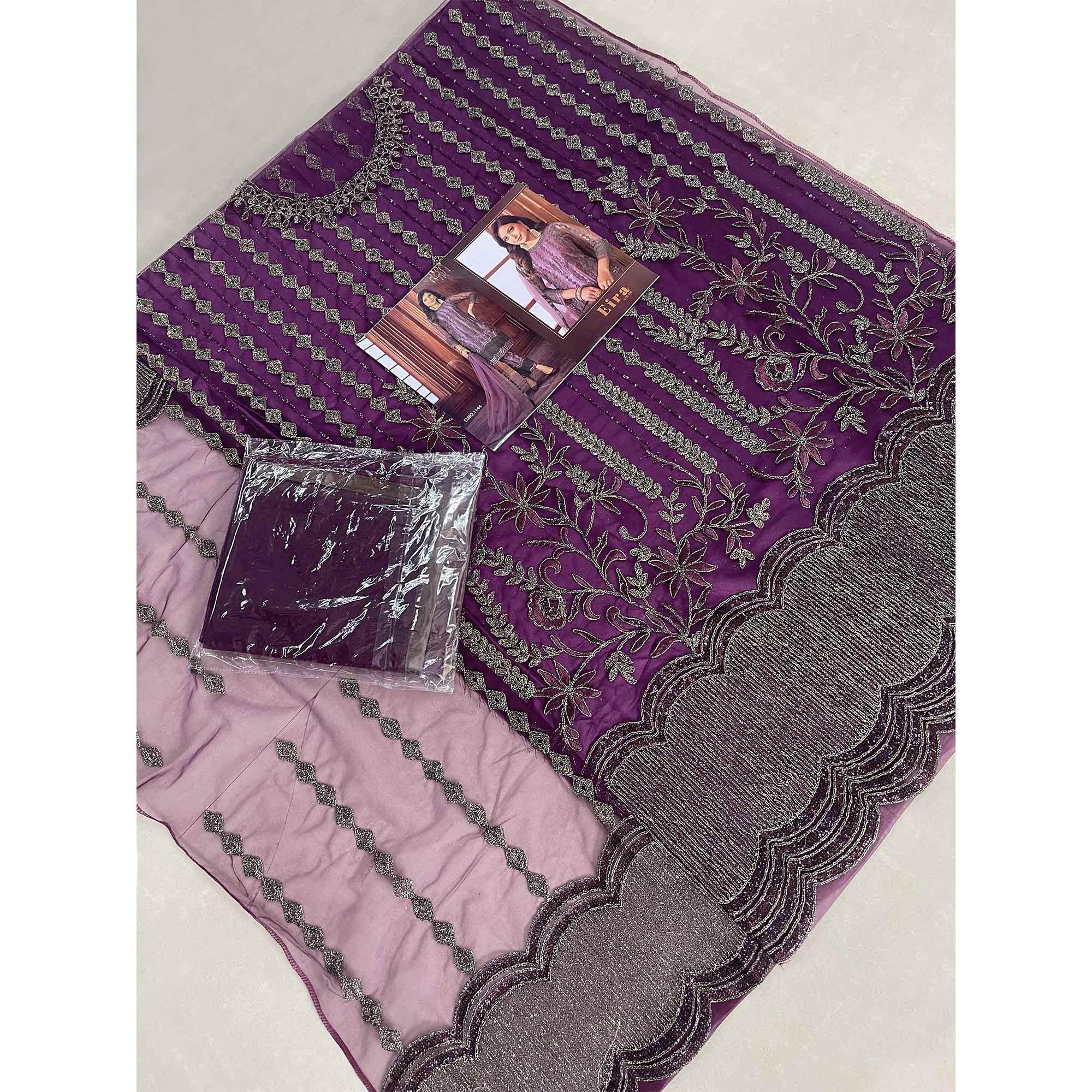 Peachmode Dark Purple Embroidered Netted Suit - view 8
