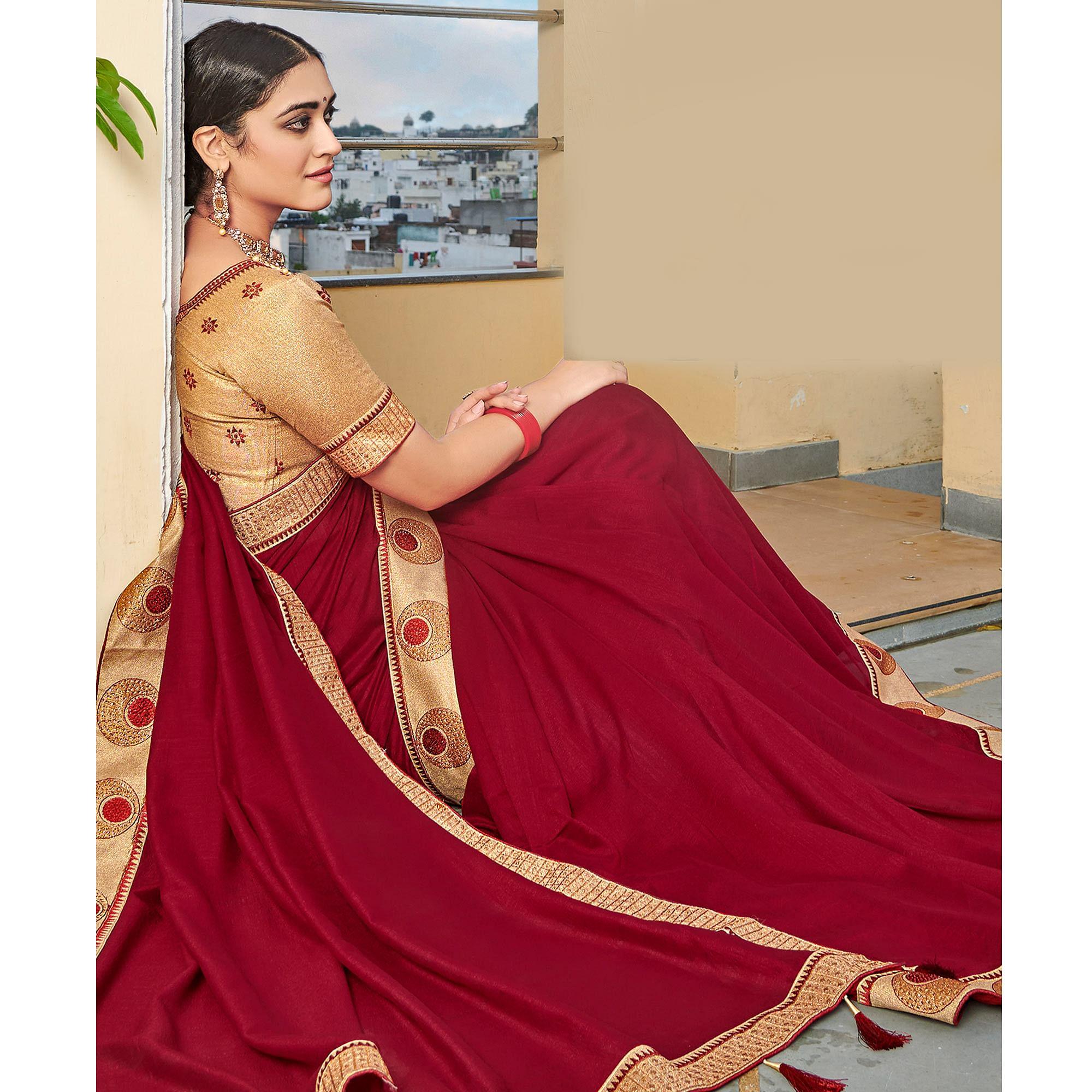 Peachmode Maroon Solid-Embroidered Border Vichitra Silk Saree With Tassels - view 4