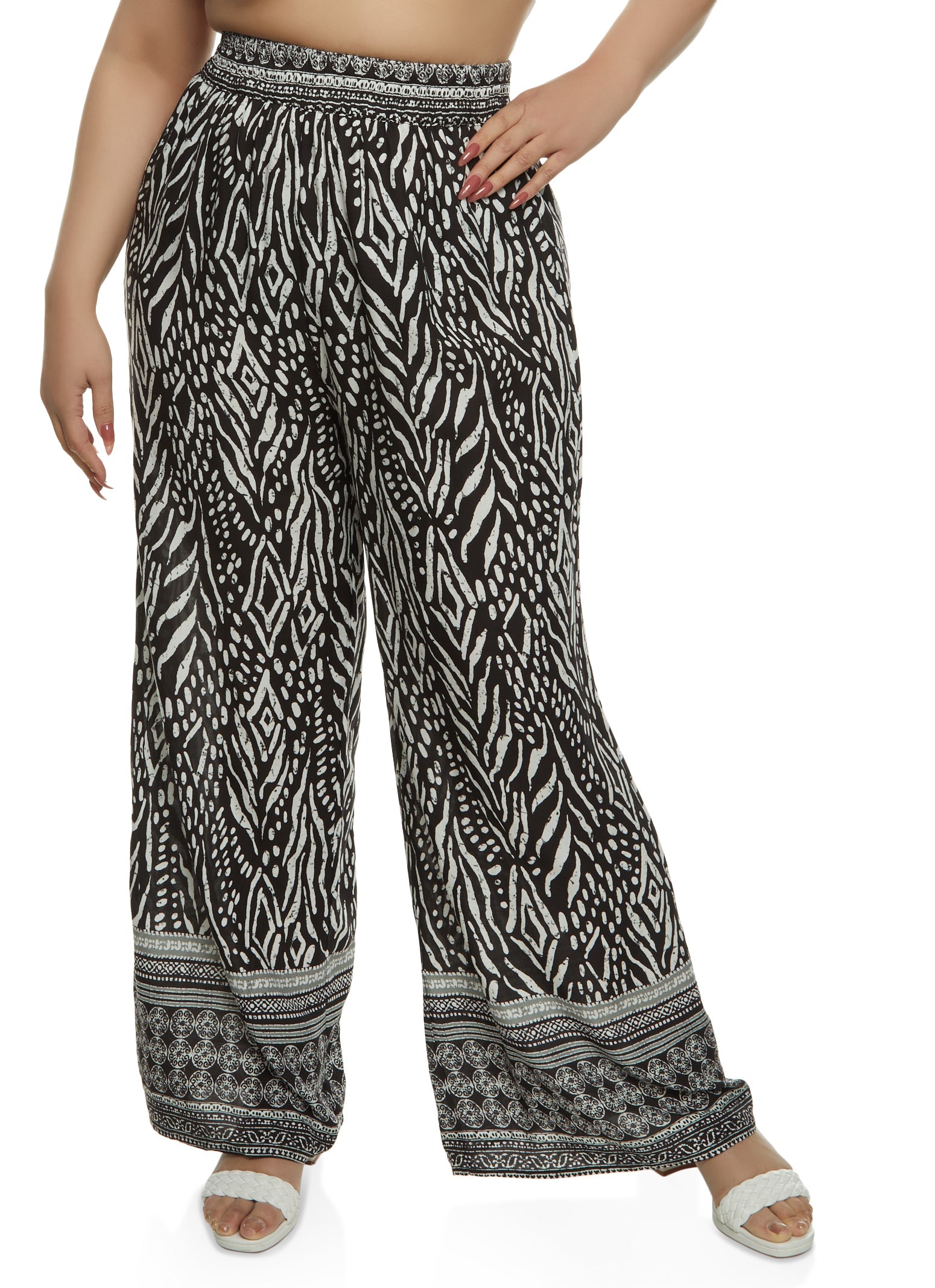 Rainbow Shops Plus Size Smocked Waist Printed Wide Leg Pants