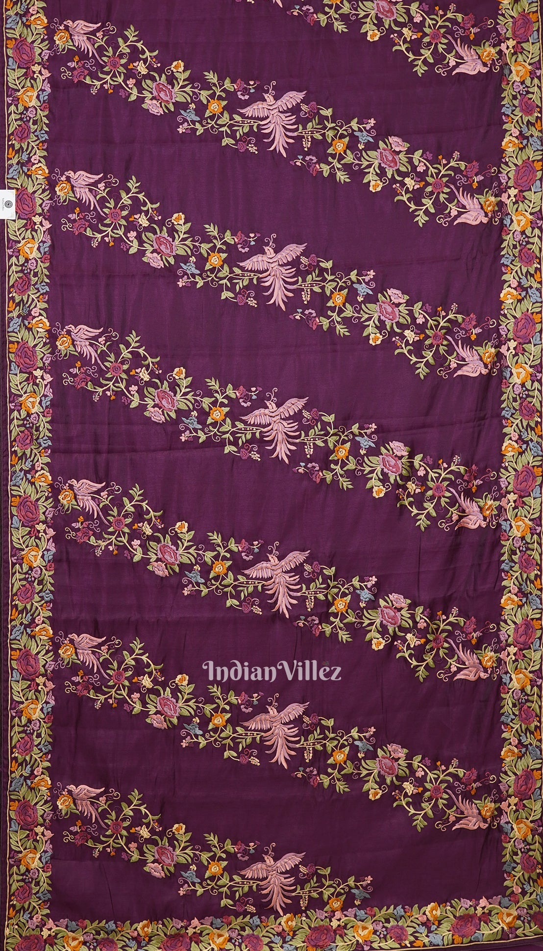 IndianVillèz Maroon Parsi Gara Floral Motif Hand Embroidered Saree - view 2