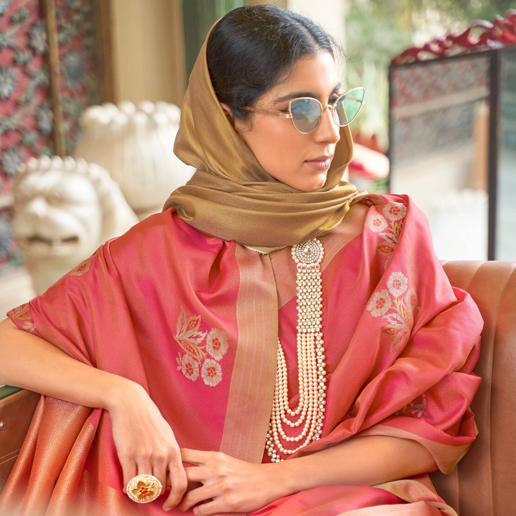 Peachmode Jazzy Red Colored Zari Work Festive Wear Banarasi Silk Saree - view 3