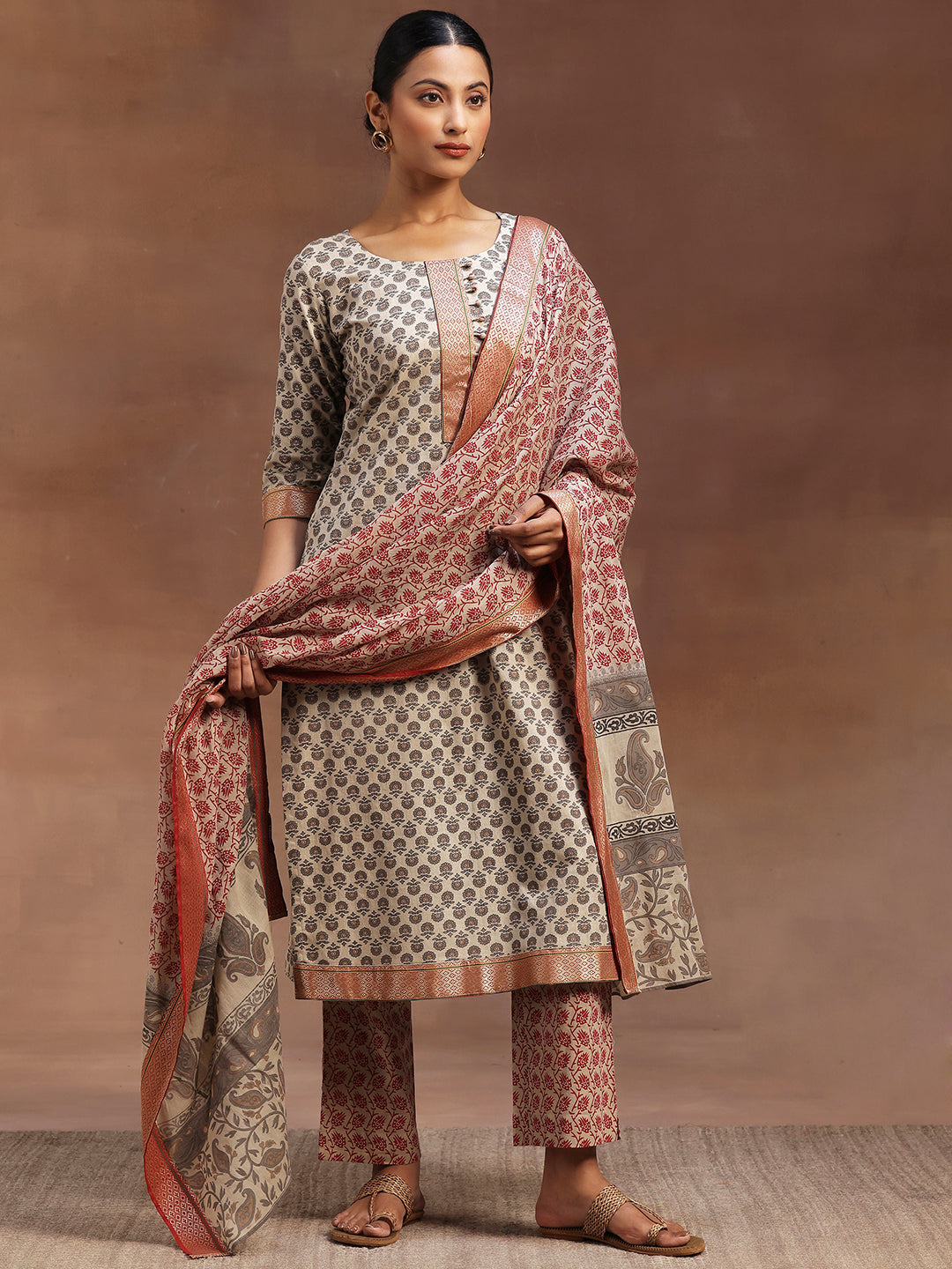 Libas Beige Printed Cotton Straight Suit With Dupatta