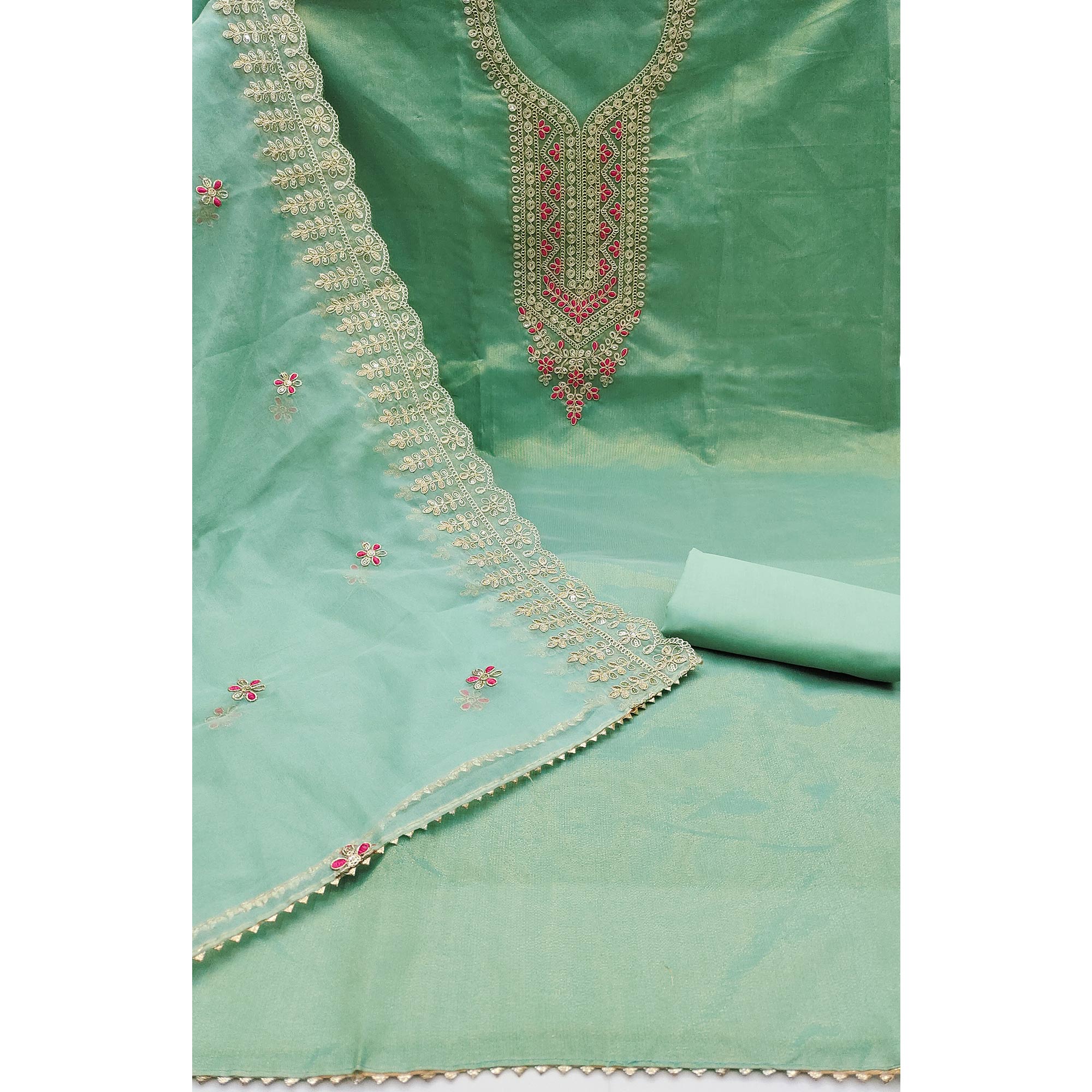 Peachmode Turquoise Sequins Embroidered Chanderi Silk Dress Material - view 3