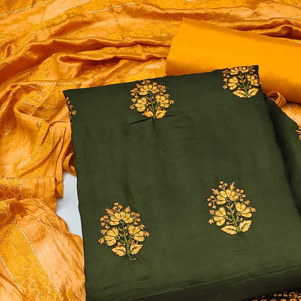 Peachmode Mehendi Green Floral Embroidered Pure Silk Dress Material - view 2