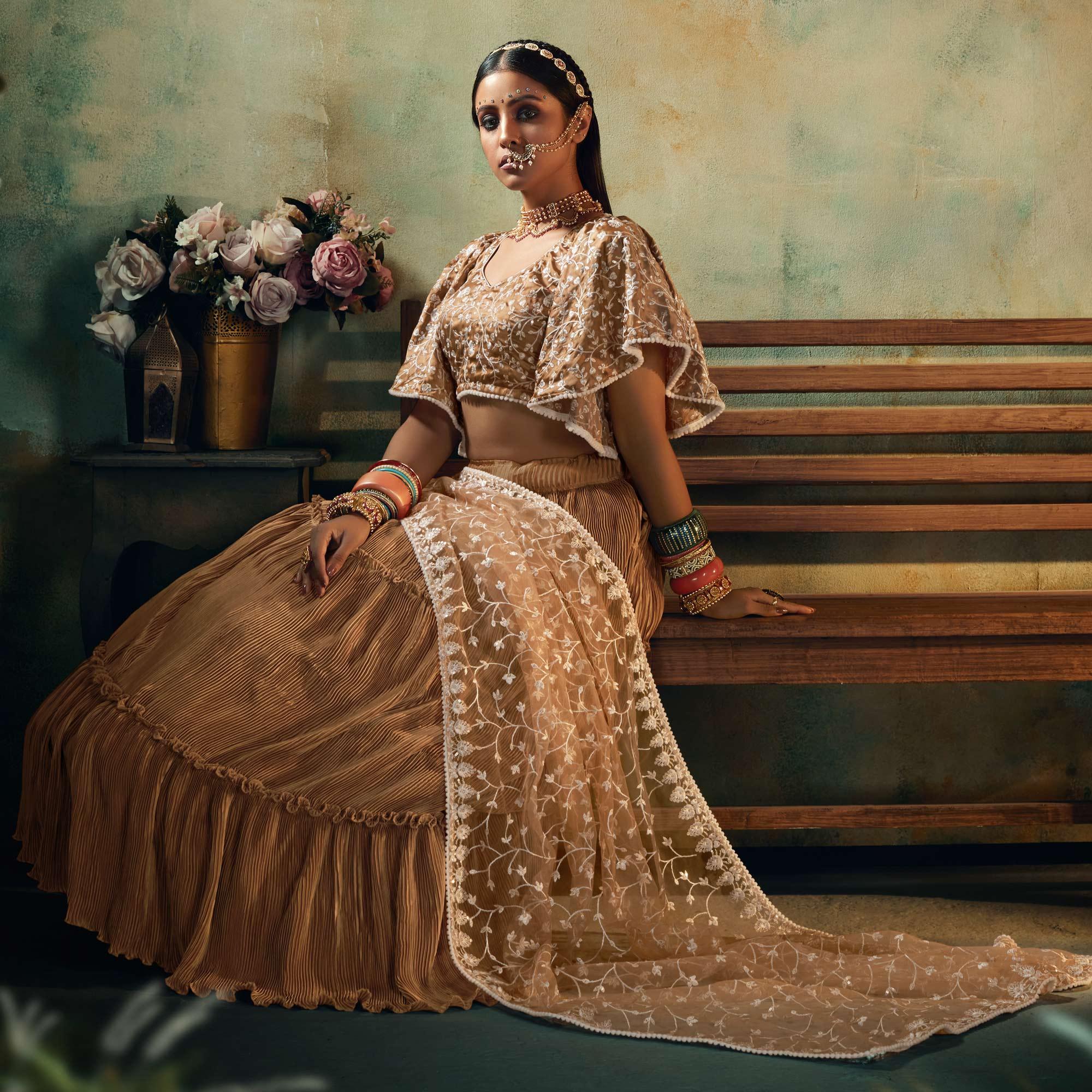 Peachmode Brown Solid Satin Lehenga Choli – Women's - view 4