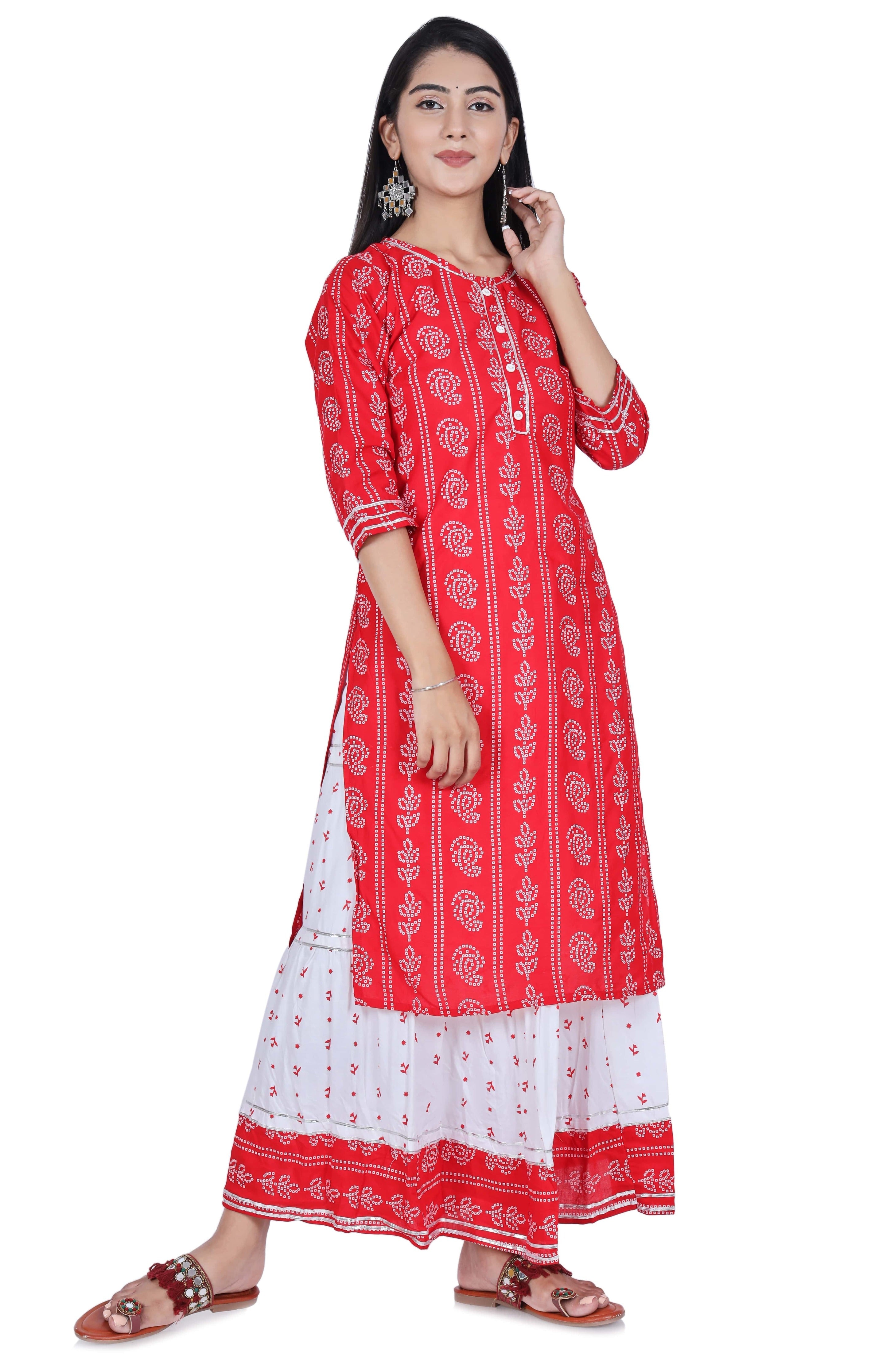 Fab Alchemy Red Printed Cotton Kurta and Skirt Set - view 3