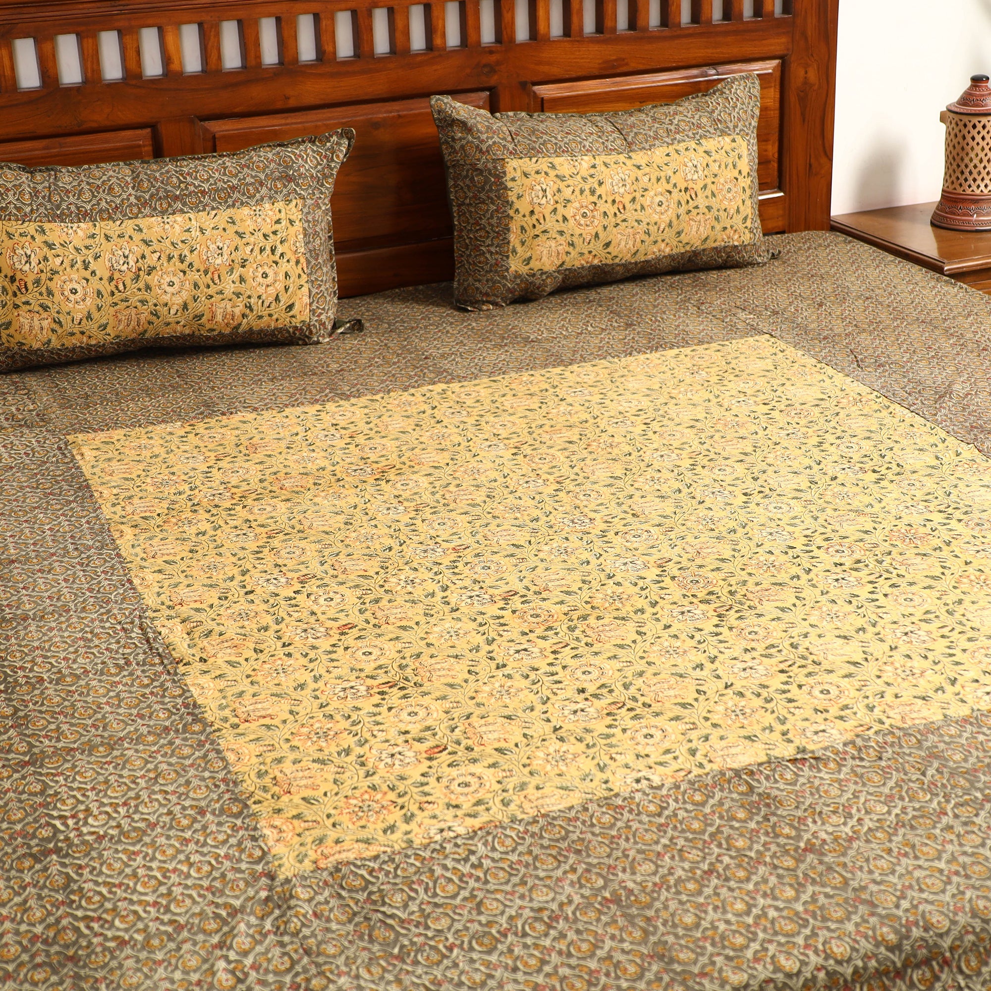 NOORI BAZAR Brown - Kalamkari Block Printed Patchwork Cotton Double Bed Cover With Pillow Covers (108 x 90 in) - view 3