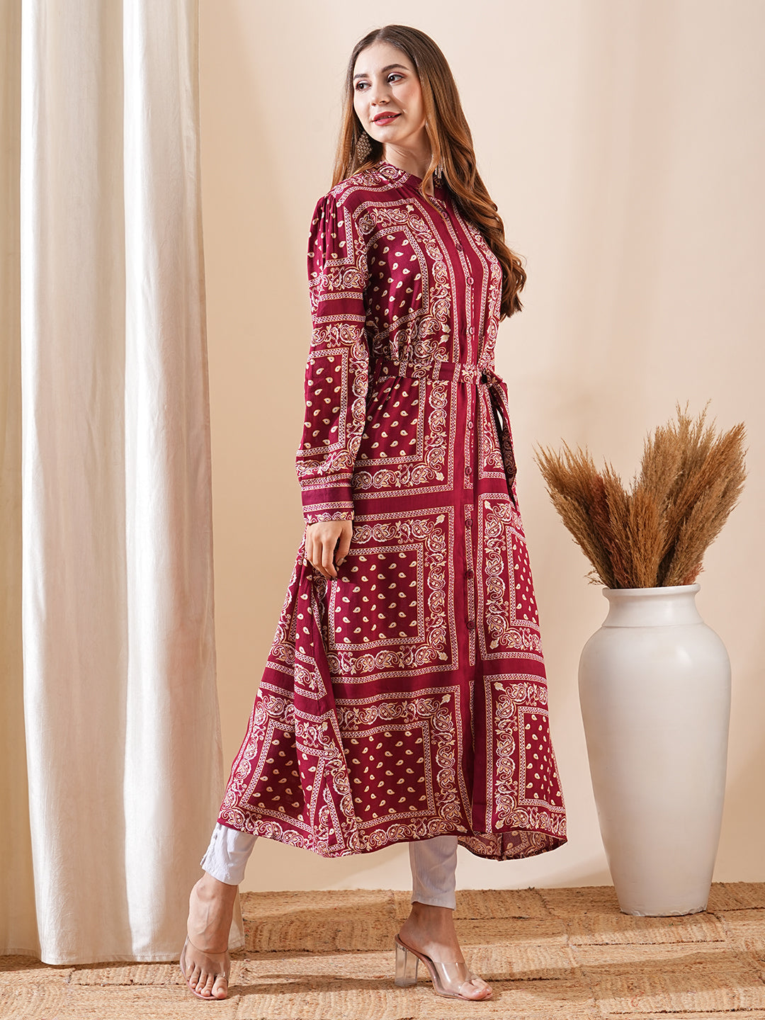 Fashor Ethnic Floral Printed Straight Fit Kurta with Tie Ups - Maroon - view 5