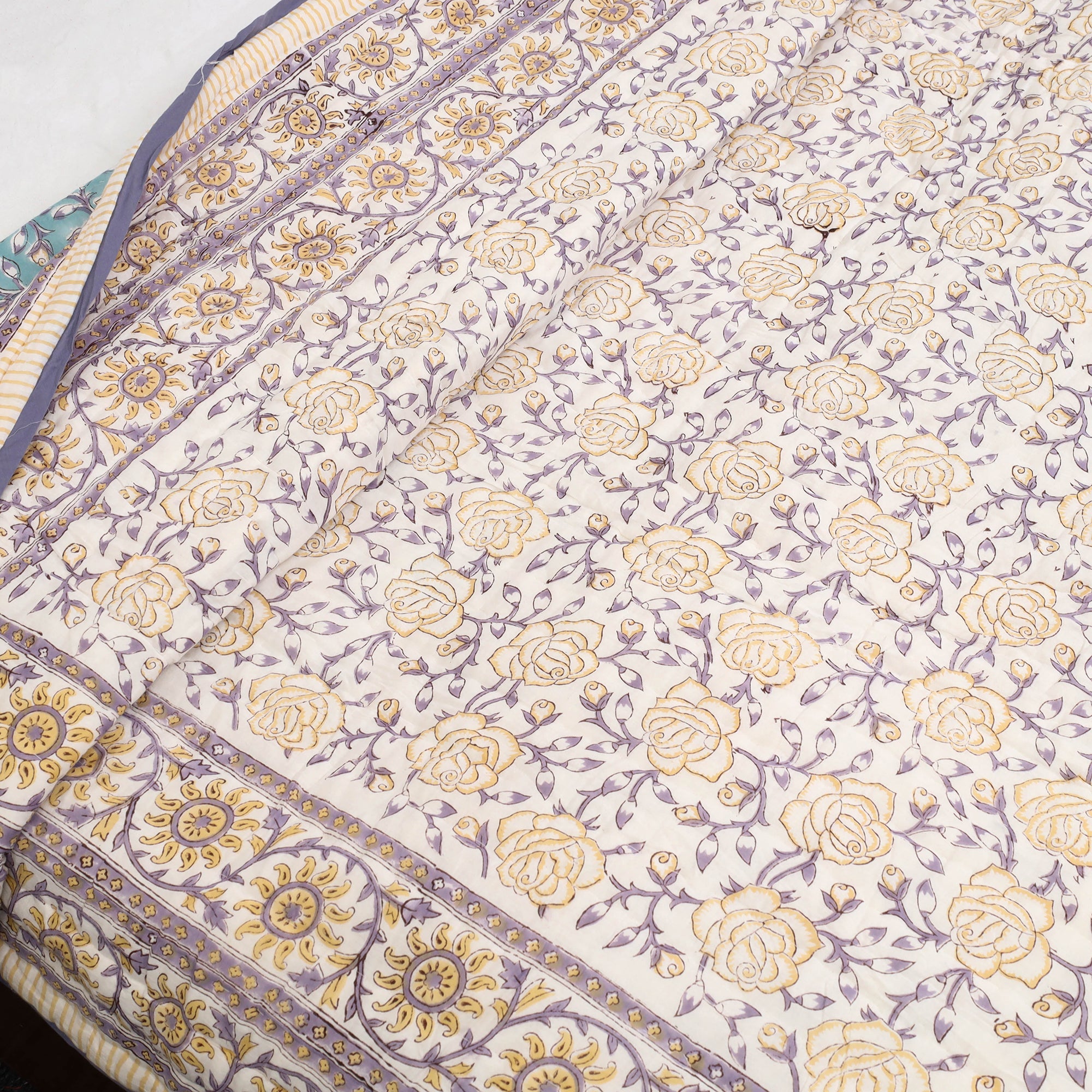 ARTISAN HAND BLOCK PRINTS Beige - Sanganeri Reversible Double Soft Cotton Quilt/Blanket 38 - view 2