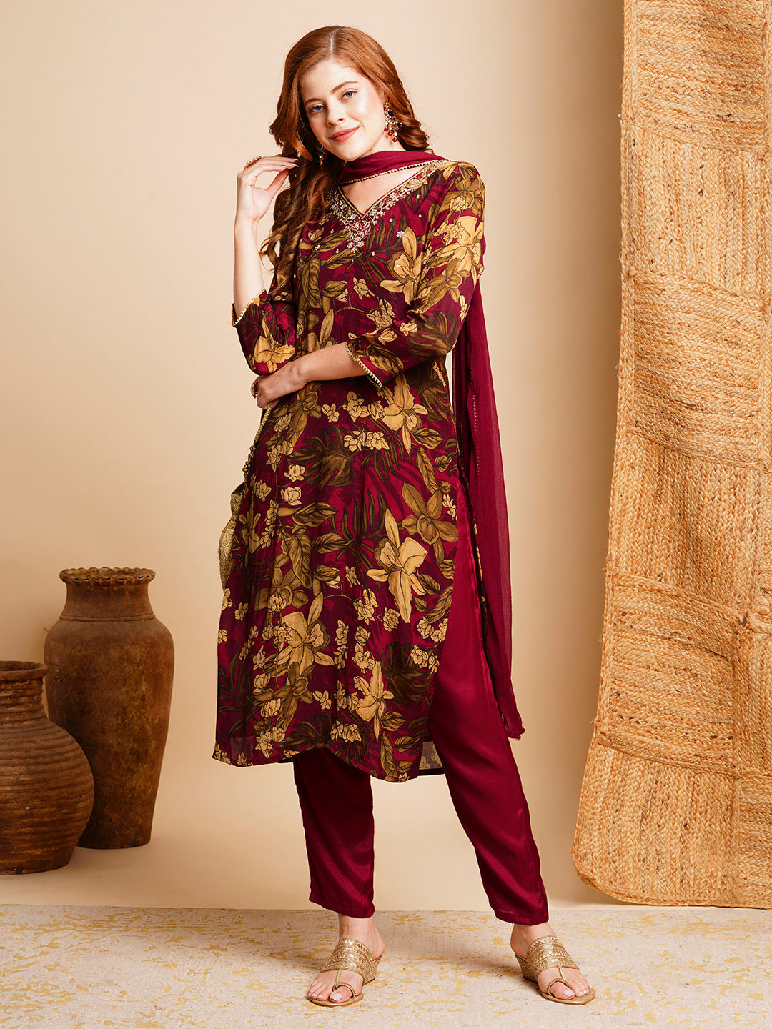 FASHOR Floral Printed & Hand Embroidered Kurta with Pant & Dupatta - Maroon - view 5