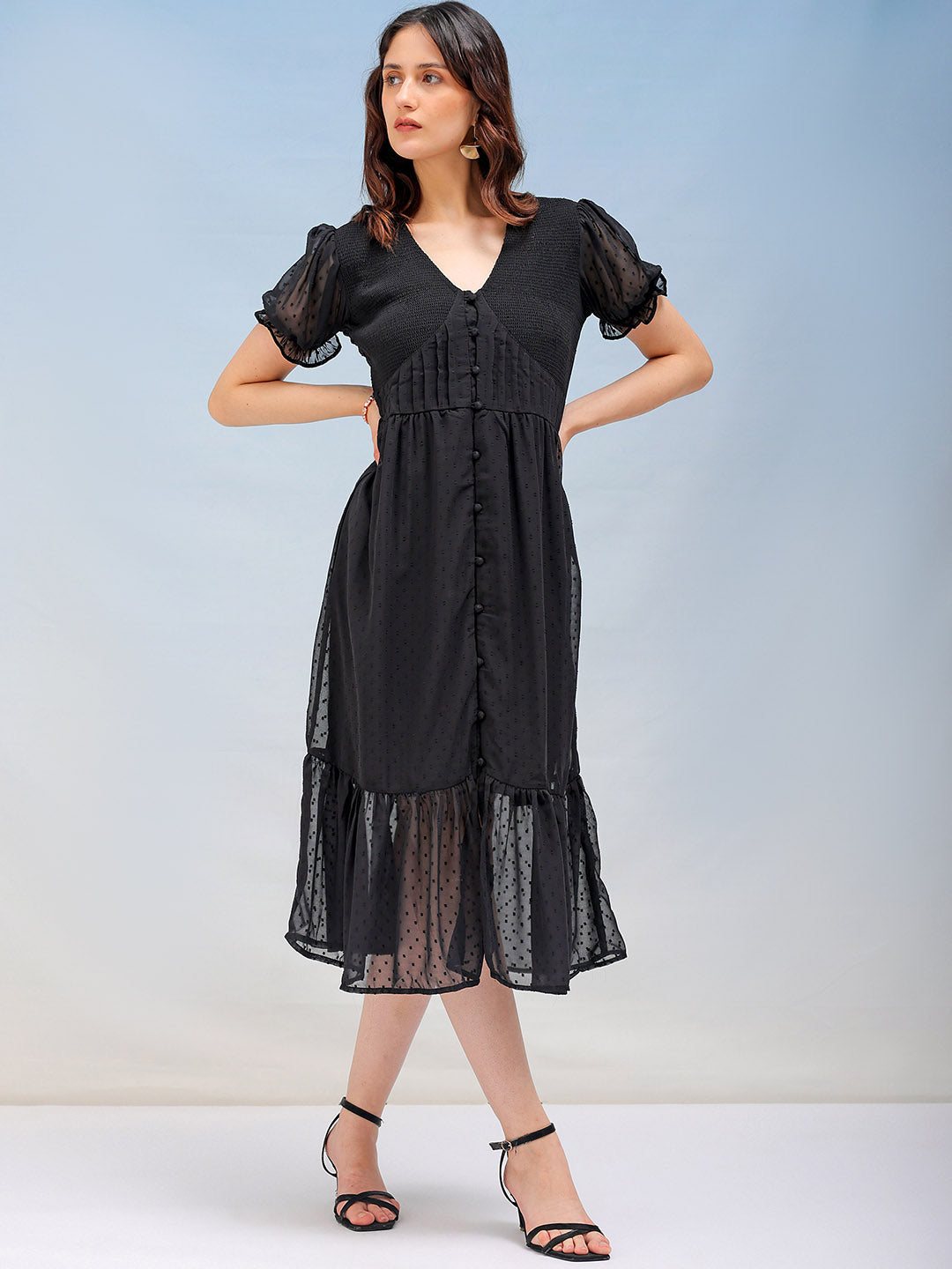 Freehand By The Indian Garage Co Women's Textured Fit and Flare Tiered Dress
