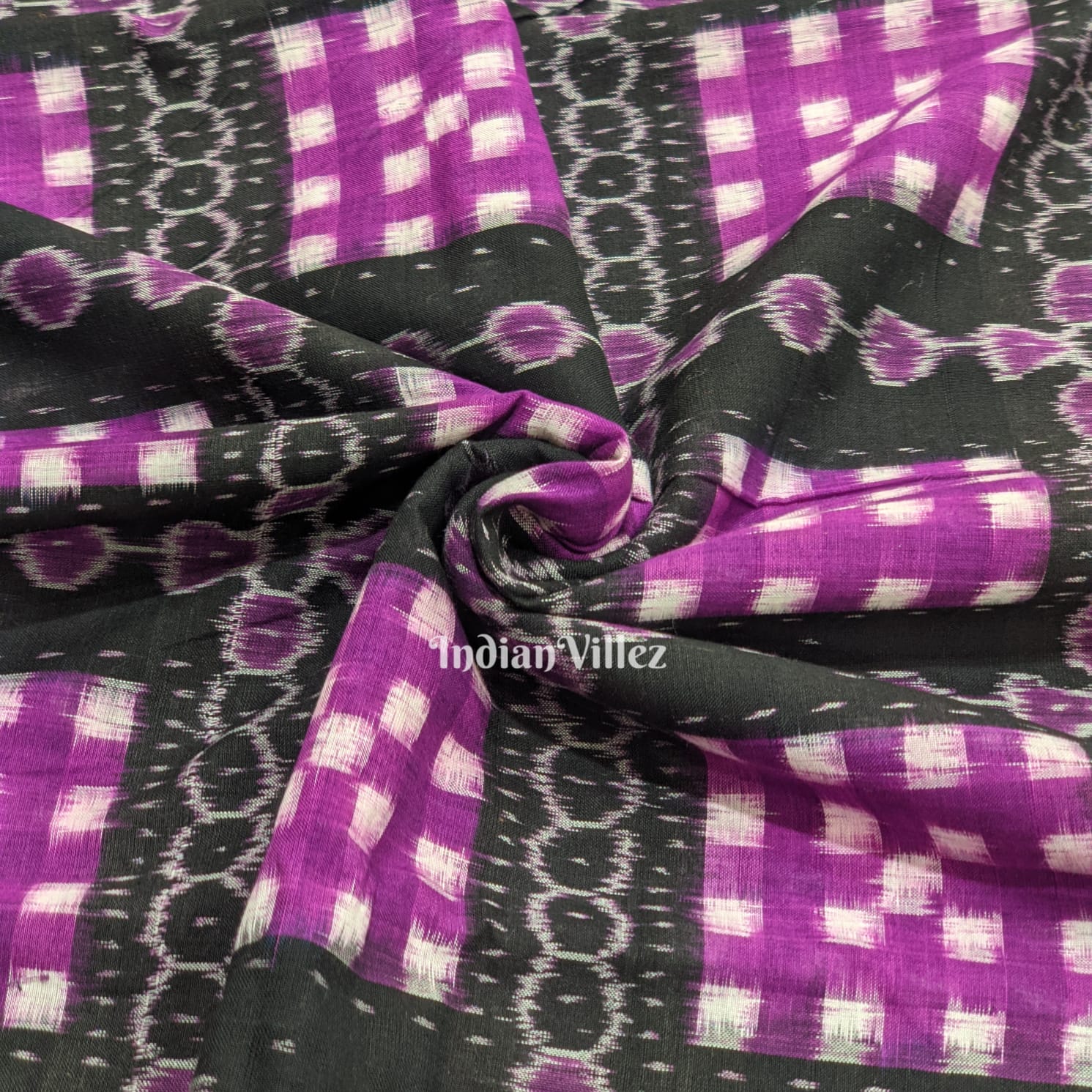 IndianVillèz Black Purple Pasapali Theme Sambalpuri Ikat Cotton Fabric