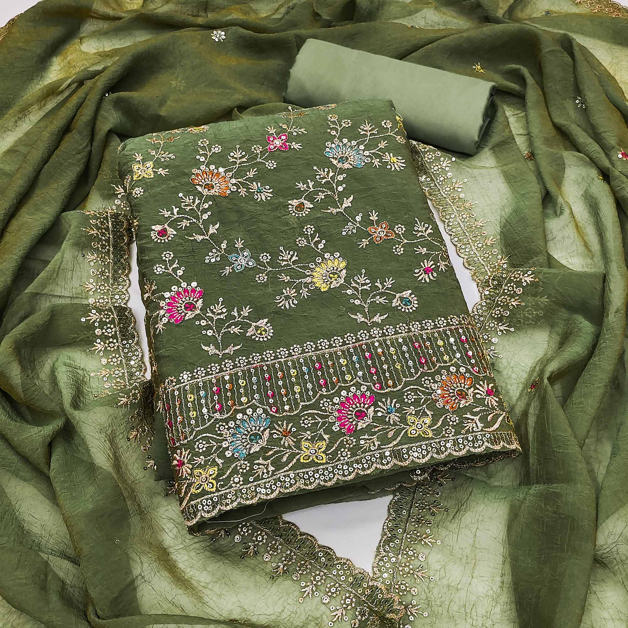 Peachmode Mehendi Green Floral Sequins Embroidered Chiffon Dress Material