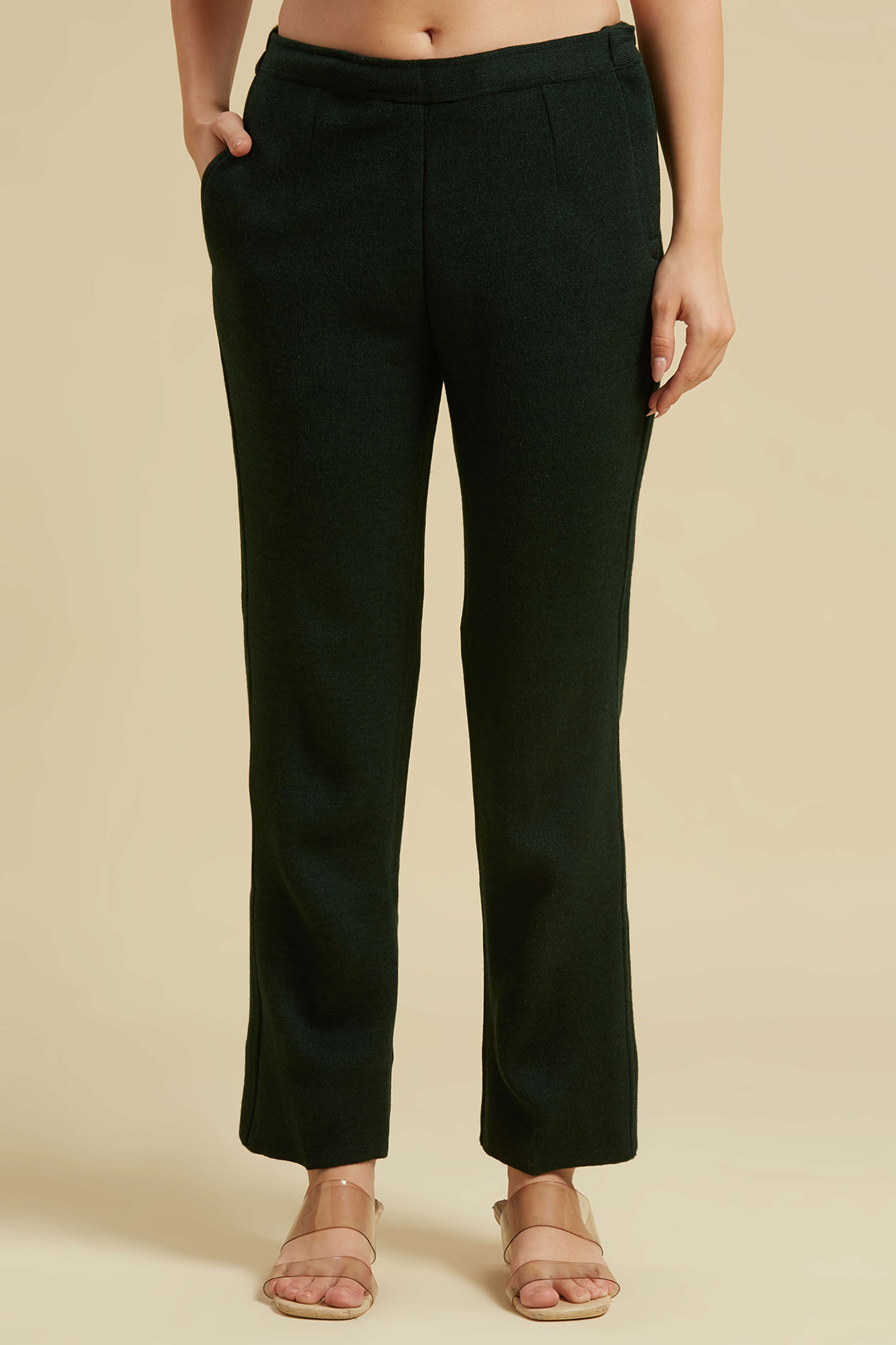 Peachmode Bottle Green Woven Woolen Straight Top Bottom Set - view 7