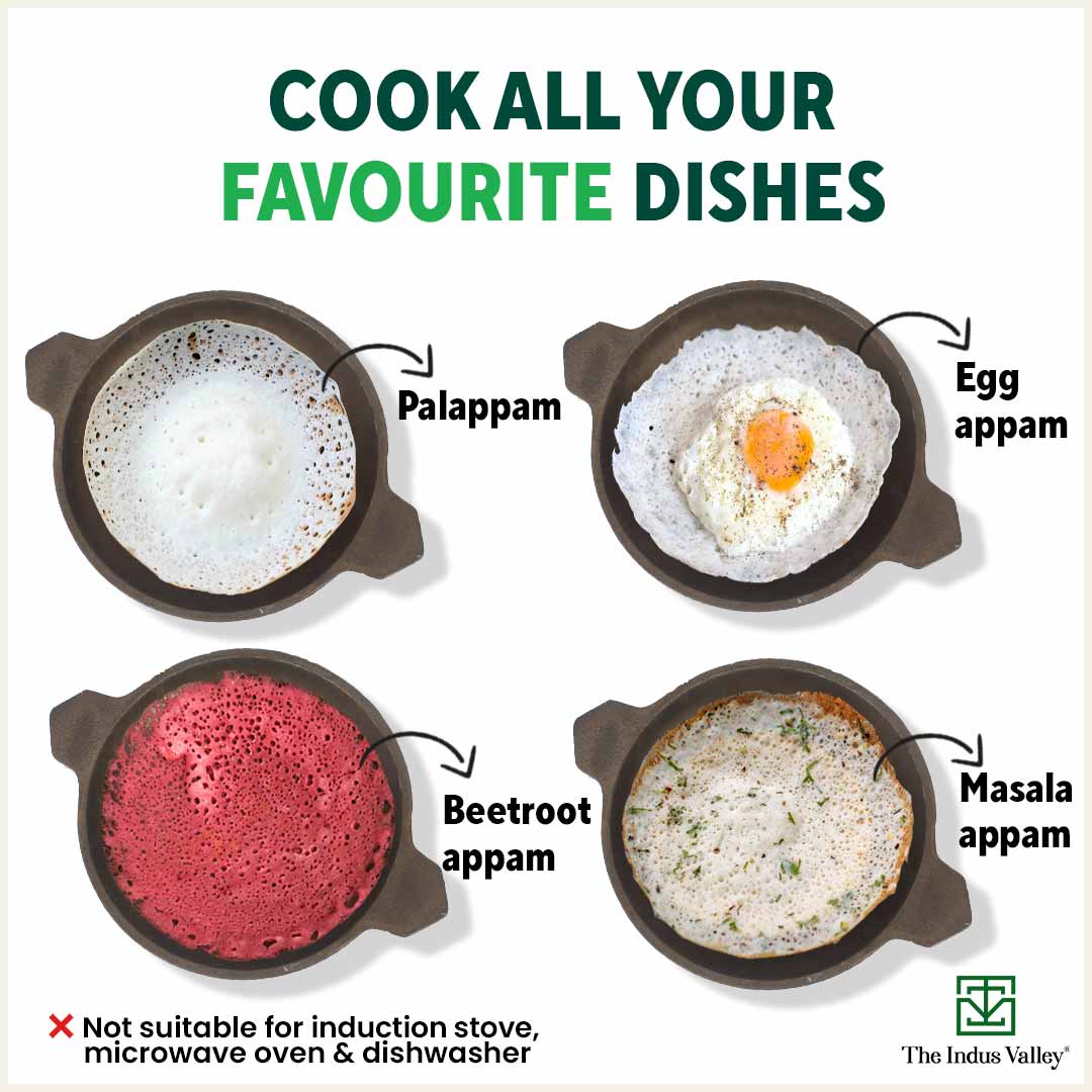 The Indus Valley Super Smooth Cast Iron Appam Pan/Appachetty, Glass Lid,Pre-seasoned, Nonstick, 100% Pure, Toxin-free, 22cm, 1.9kg - view 11