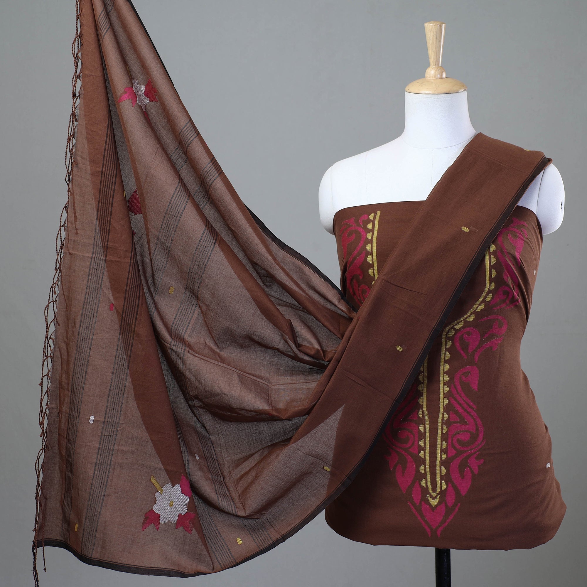 KHUSHBASH - HAPPY LOOM OF EAST Brown - 2pc Phulia Jamdani Weave Handloom Cotton Suit Material Set