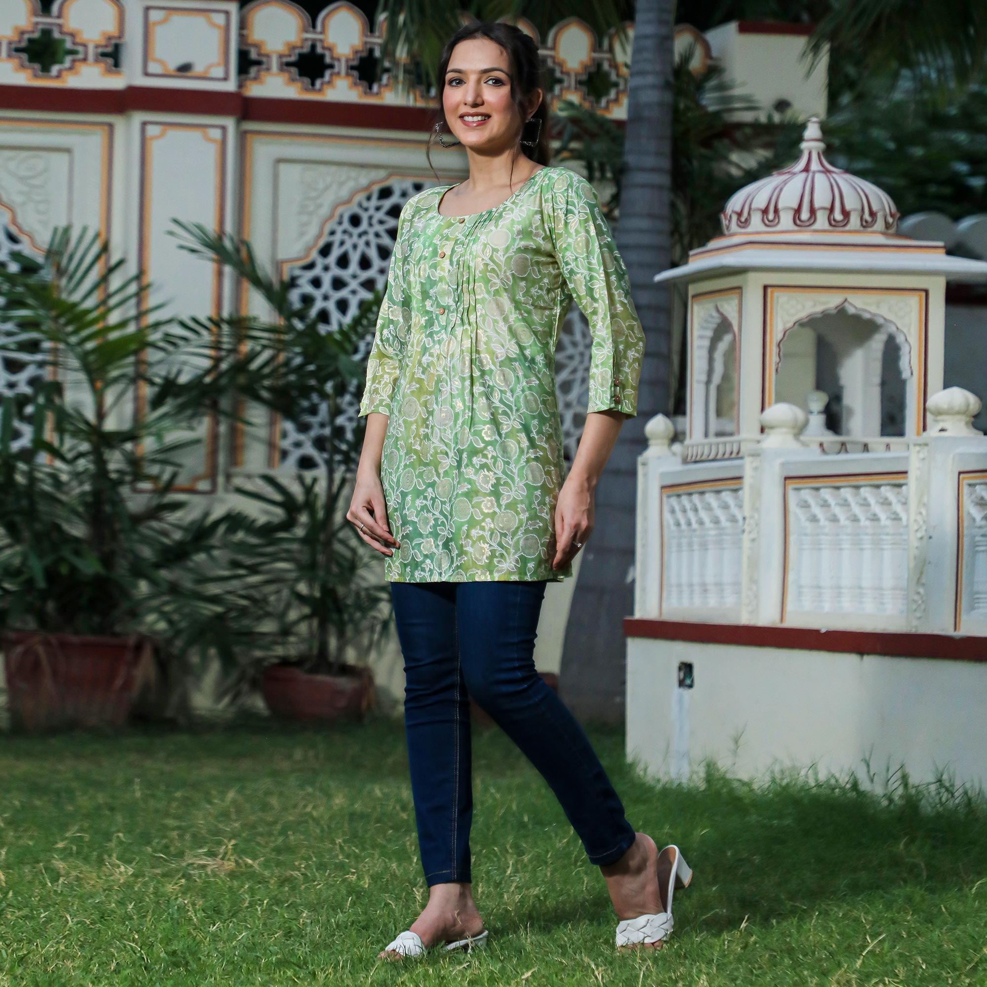 BlackTree green-floral-foil-printed-modal-top - view 3