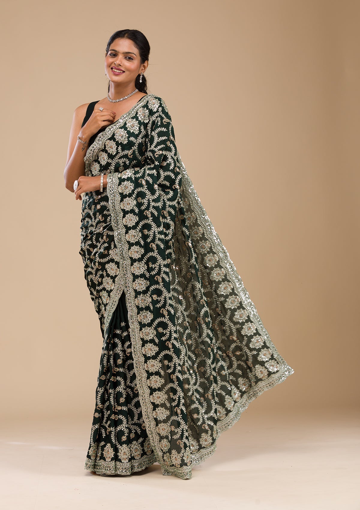 Koskii Bottle Green Threadwork Satin Saree – Women's