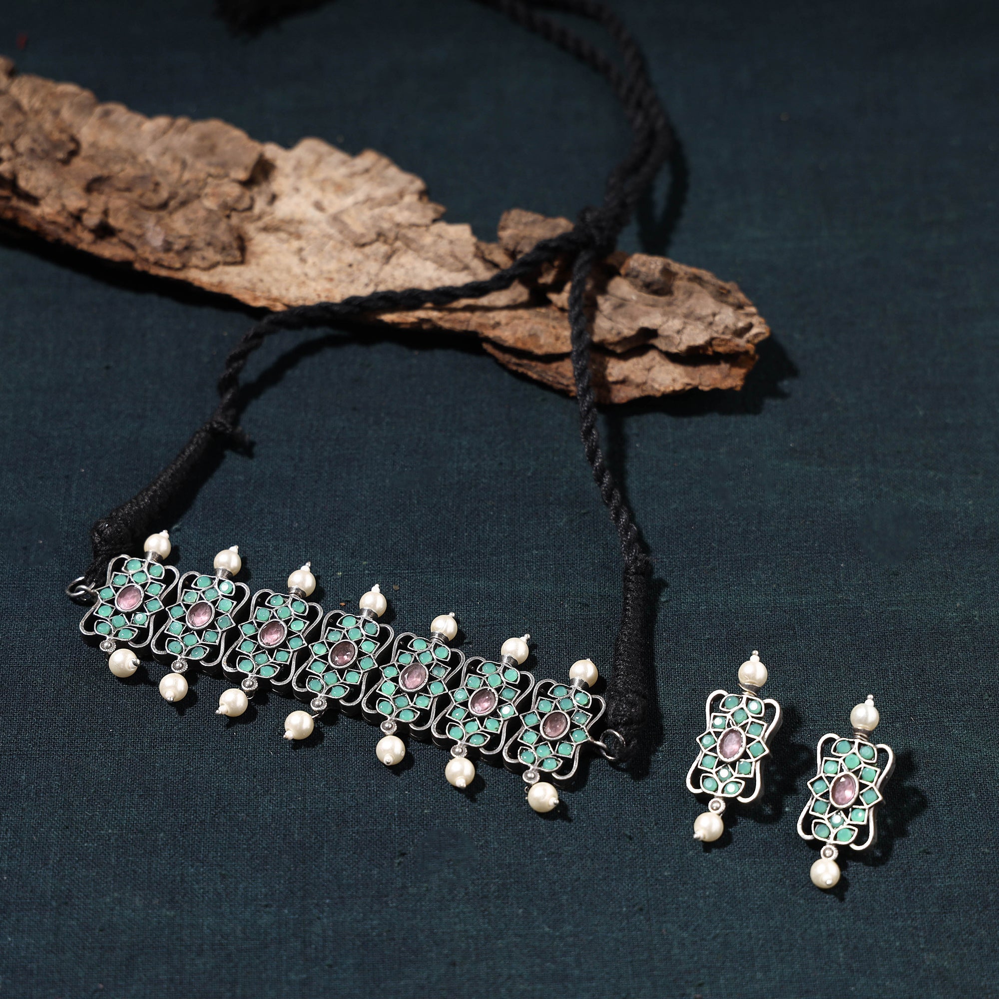 WHITE RIVER STORIES Antique Silver Finish Oxidised Brass Base Stone Work Choker Necklace Set - view 2