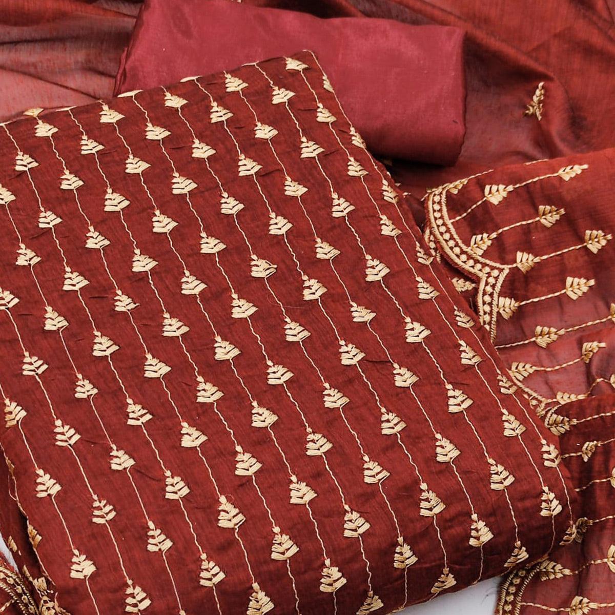 Peachmode Maroon Casual Wear Embroidered Modal Chanderi Dress Material - view 3