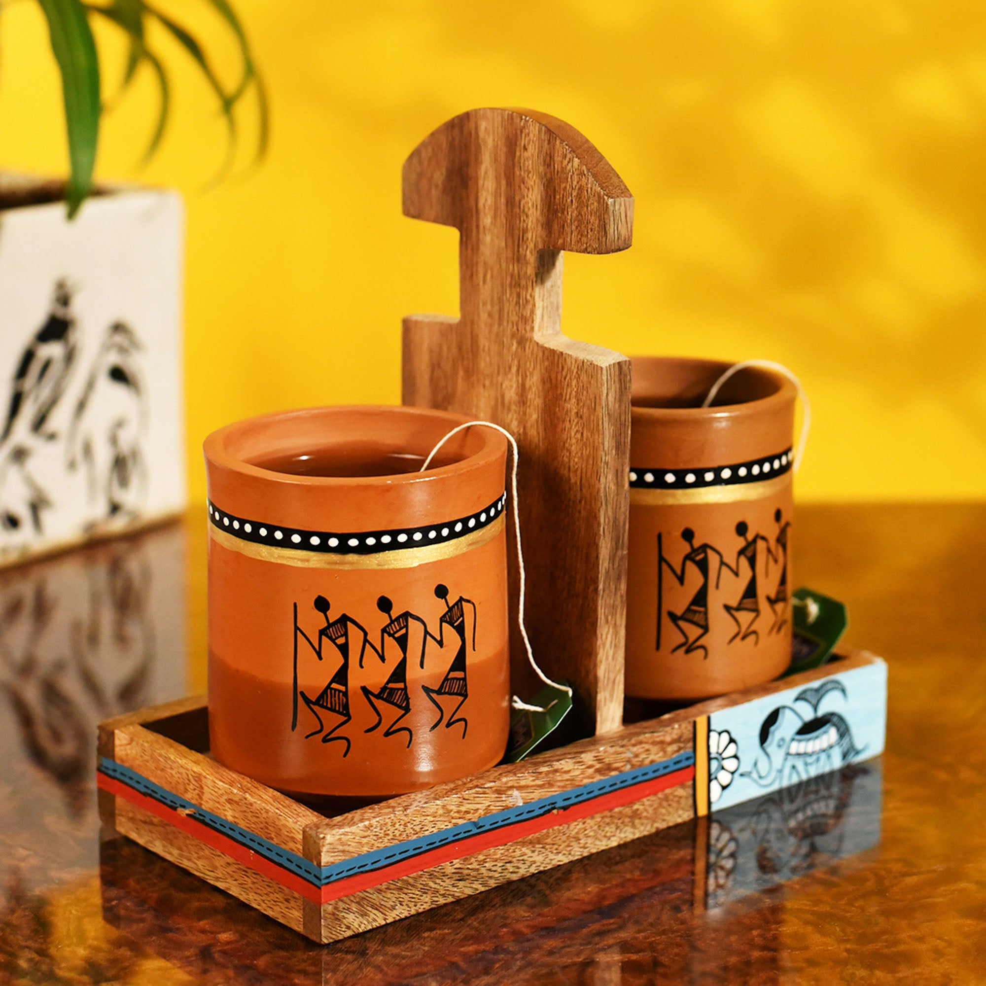 ART CREATIONS BY SUMAN SONTHALIA Brown - Cup Holder & 2 Earthen Mugs (Set of 3) (7x3.3x7)