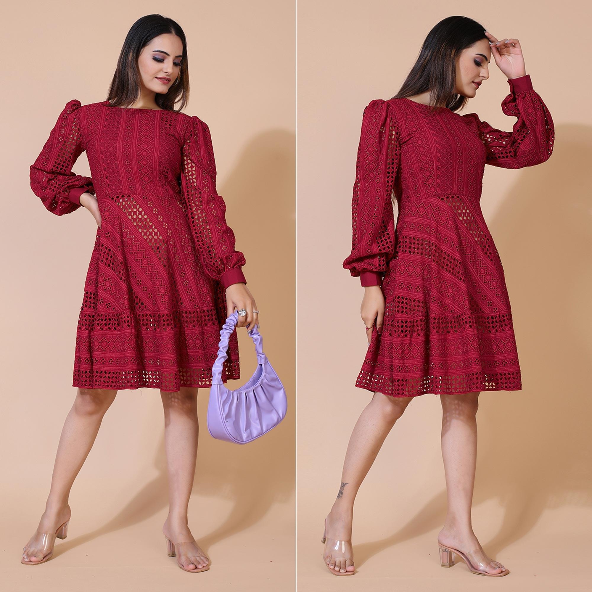 Peachmode Seller Maroon Lucknowi Chikankari Work Rayon Western Dress