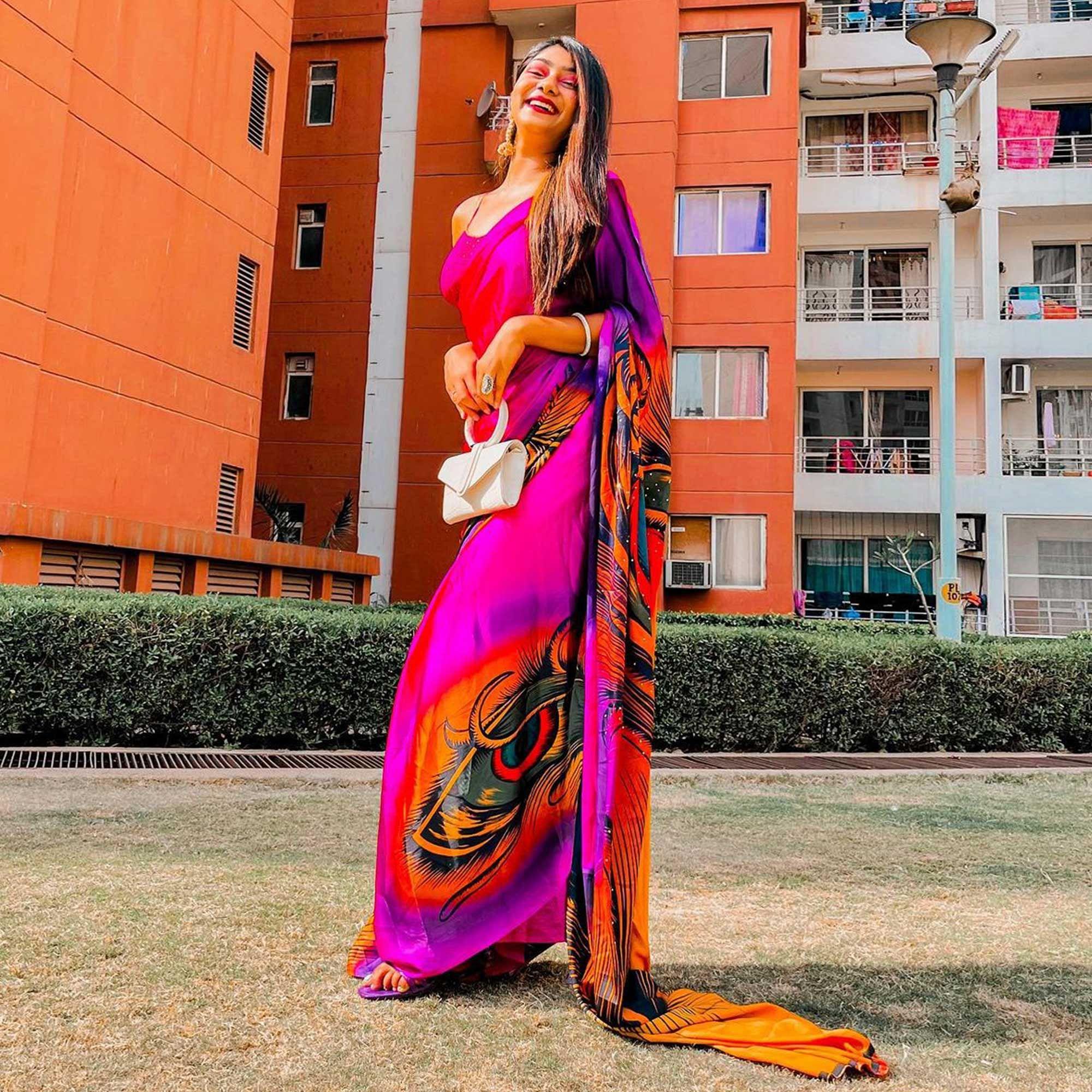 Peachmode Groovy Pink Colored Party Wear Printed Silk Saree
