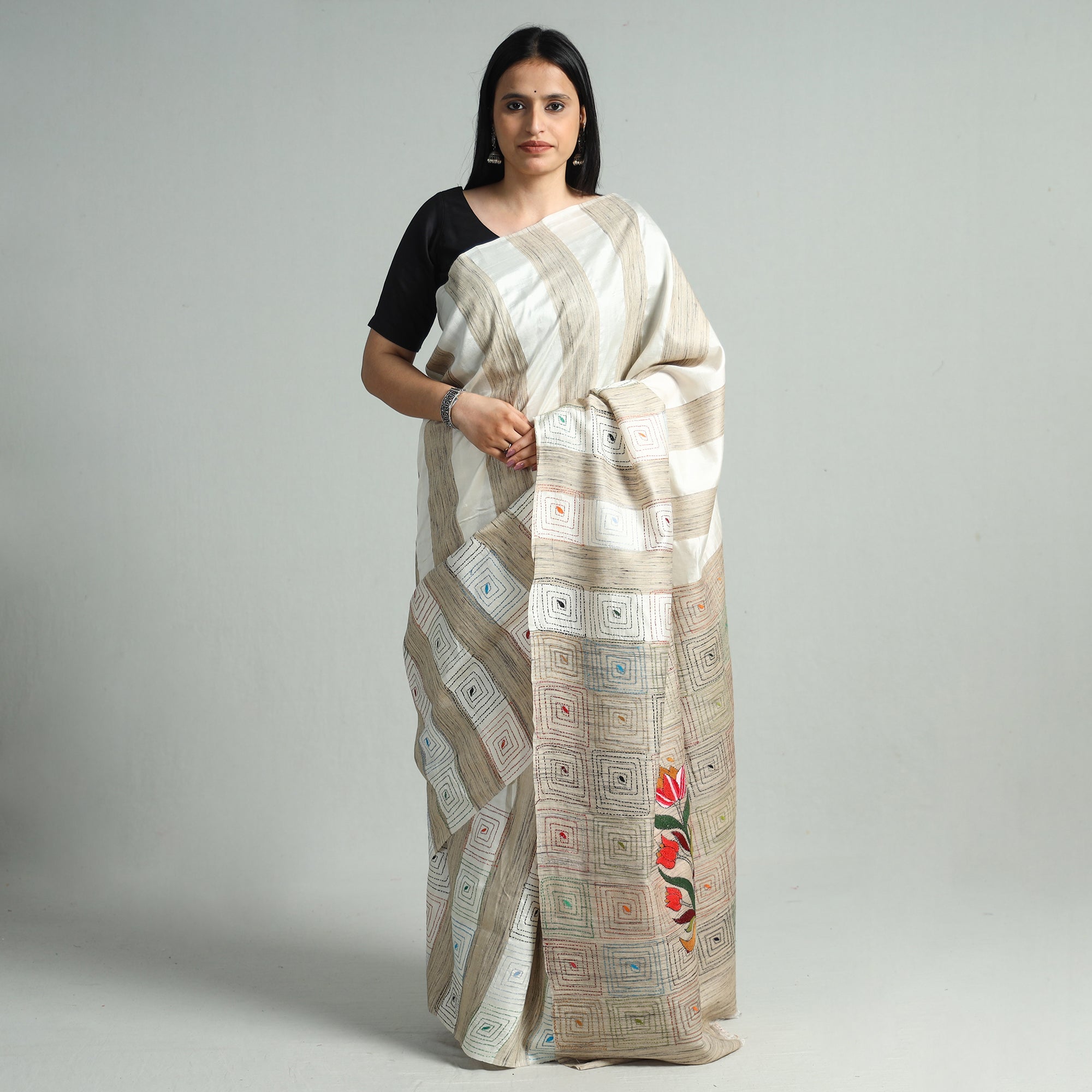 KHUSHBASH - HAPPY LOOM OF EAST Beige - Bengal Kantha Hand Embroidery Pure Ghicha Silk Handloom Saree 135