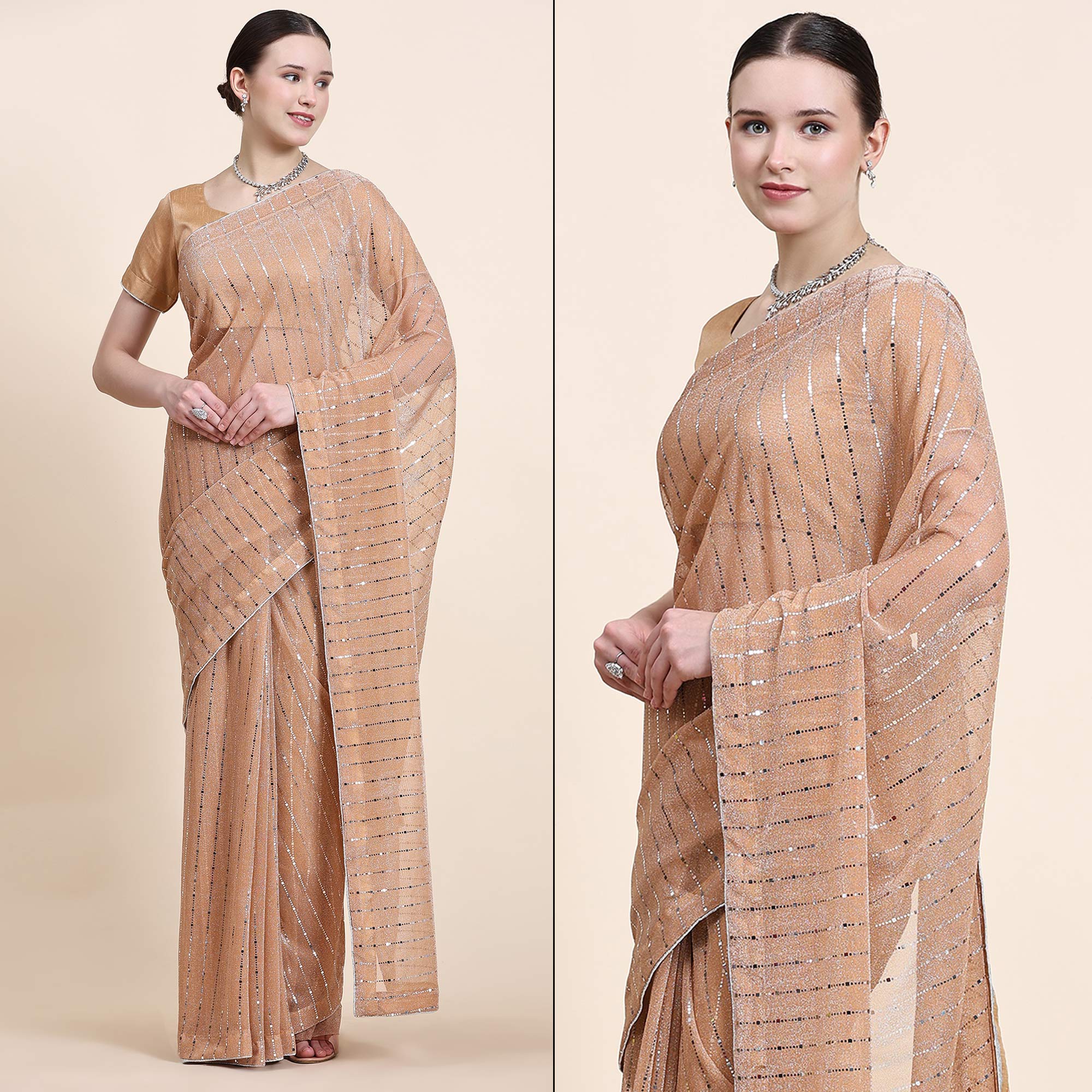 Peachmode Light Peach Tikali Work Lycra Saree