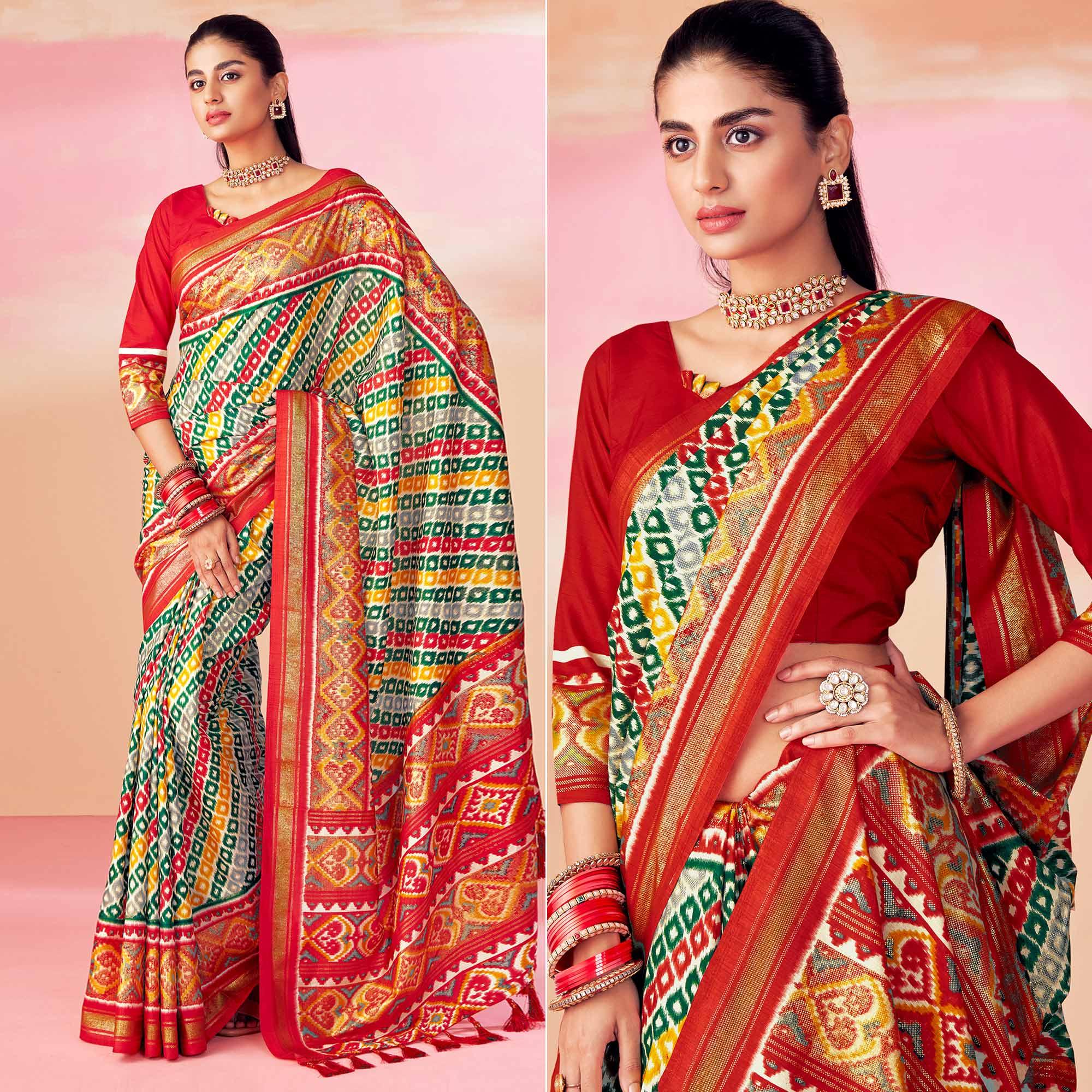Peachmode Grey-Red Patola Printed Art Silk Saree With Tassels