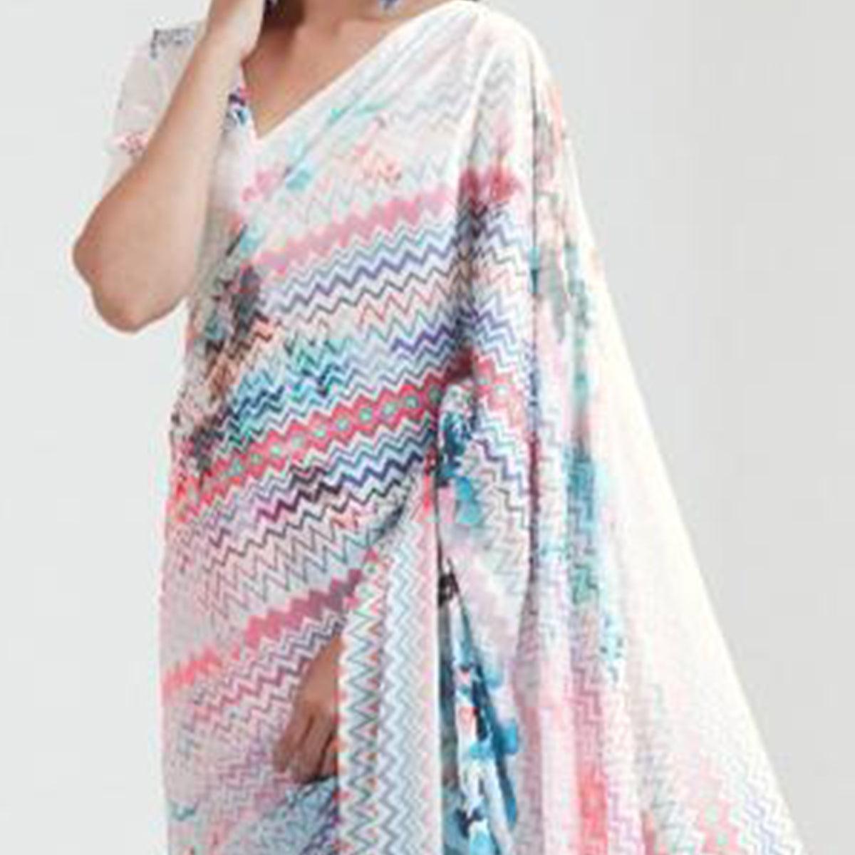 Peachmode Intricate Multi Coloured Casual Wear Digital Printed Satin Saree - view 2