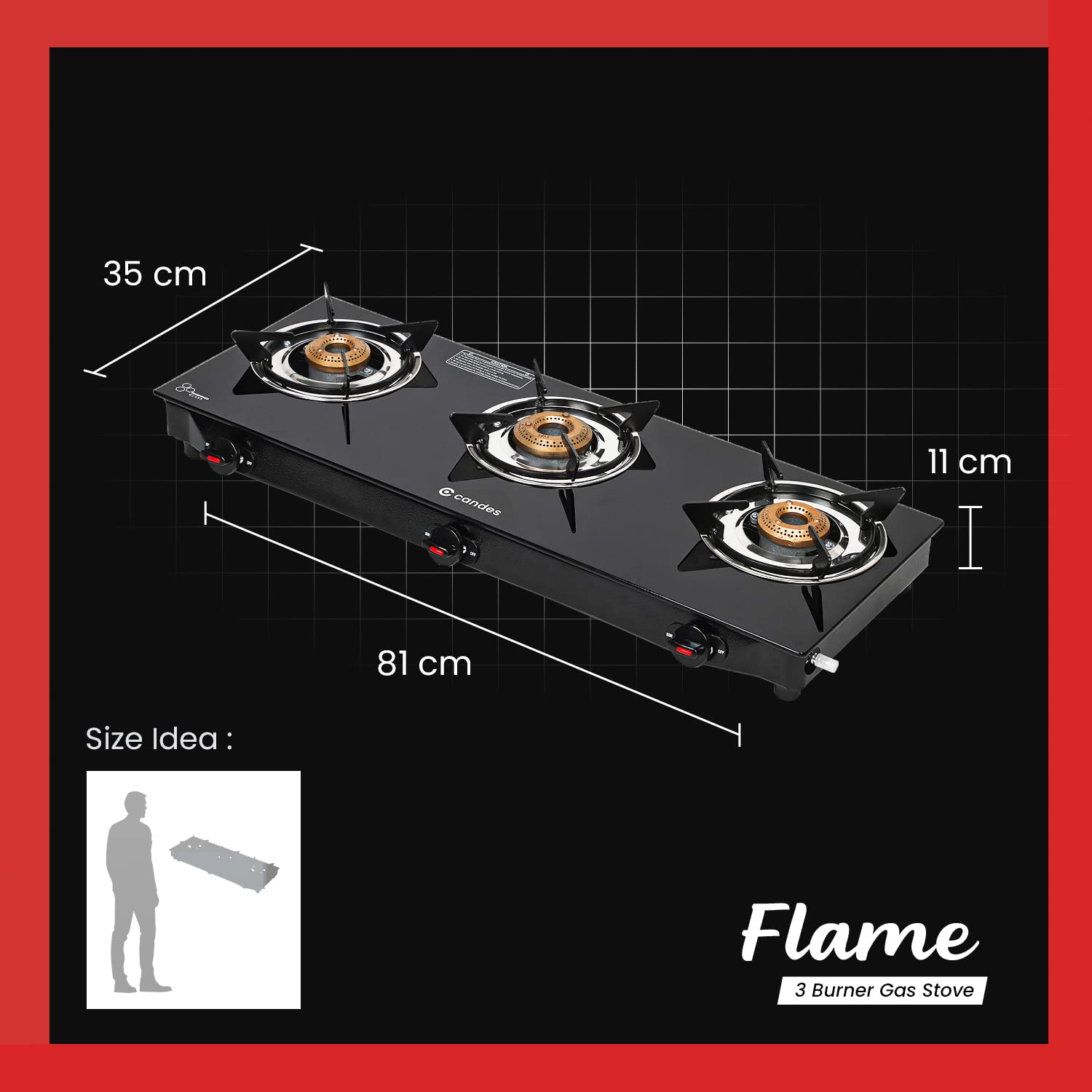 Candes Flame Glass Top Gas Stove, Manual Ignition, Black (ISI Certified, with 12 Months Warranty (3 Burner) - view 6