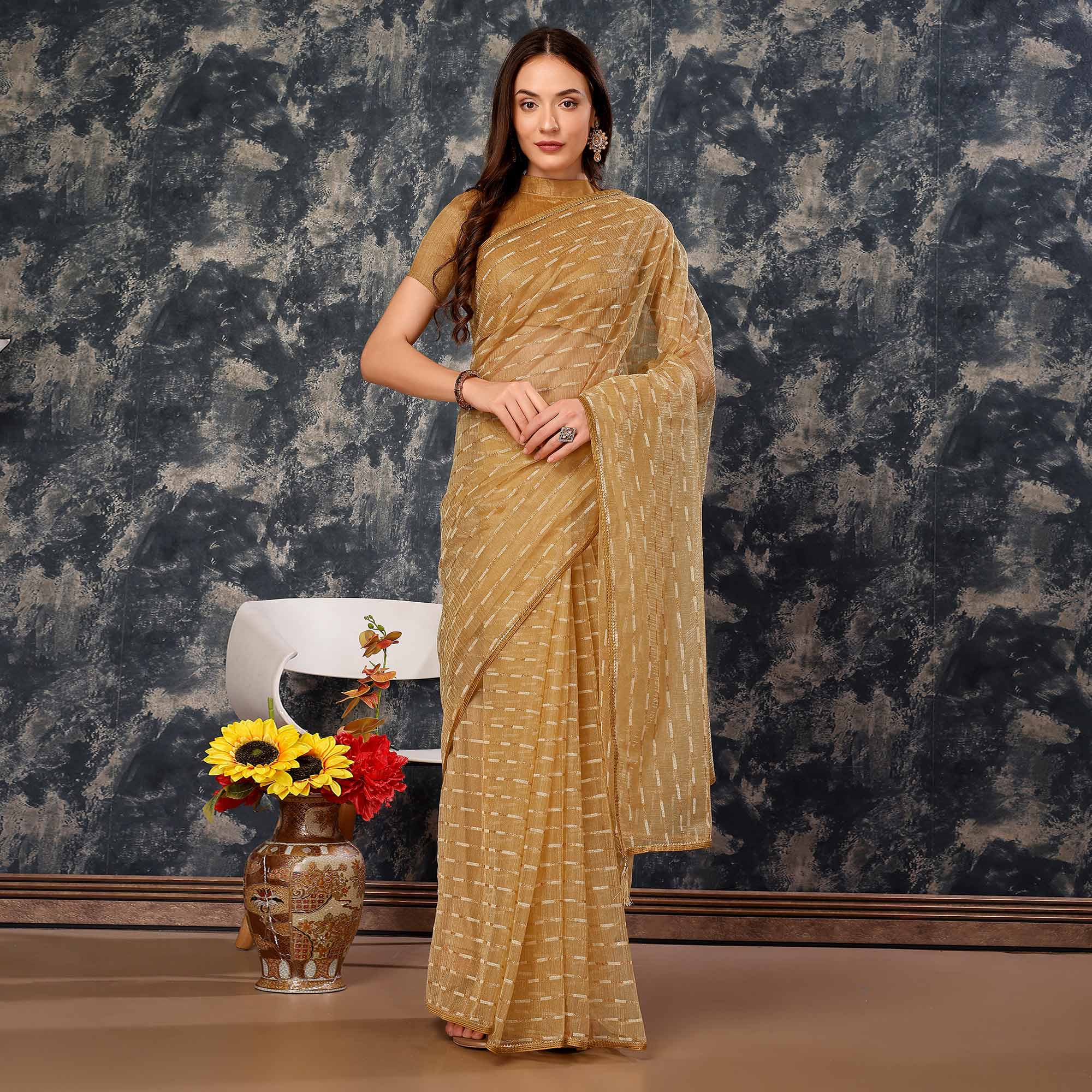 Peachmode Chikoo Zari Printed Cotton Silk Saree Lace Border - view 2