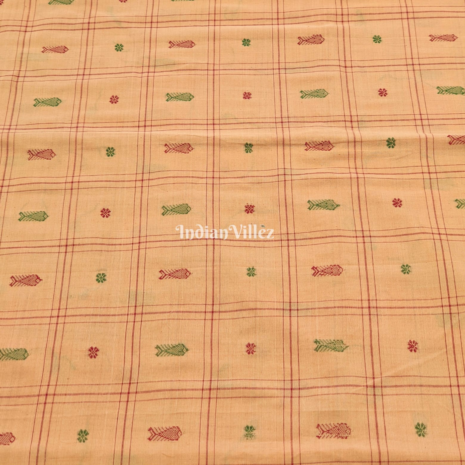 IndianVillèz Beige Fish & Flower Motif Odisha Ikat Bomkai Cotton Fabric - view 2