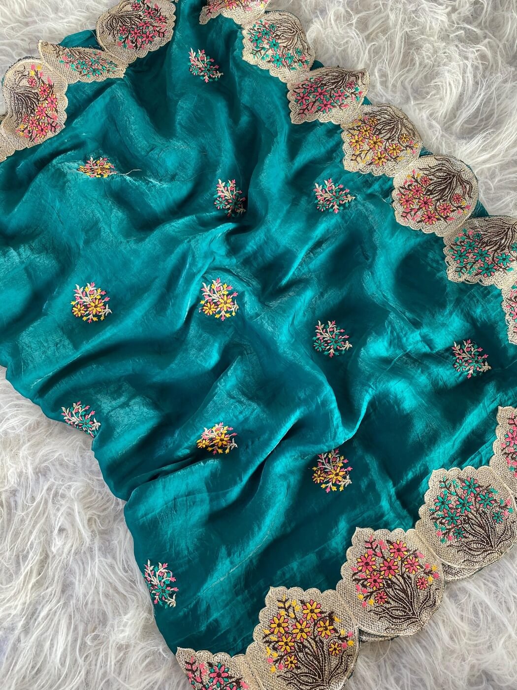 Tasrika Smashing Rama Embroidery Work Fendy Silk Saree With Ornate Blouse Piece