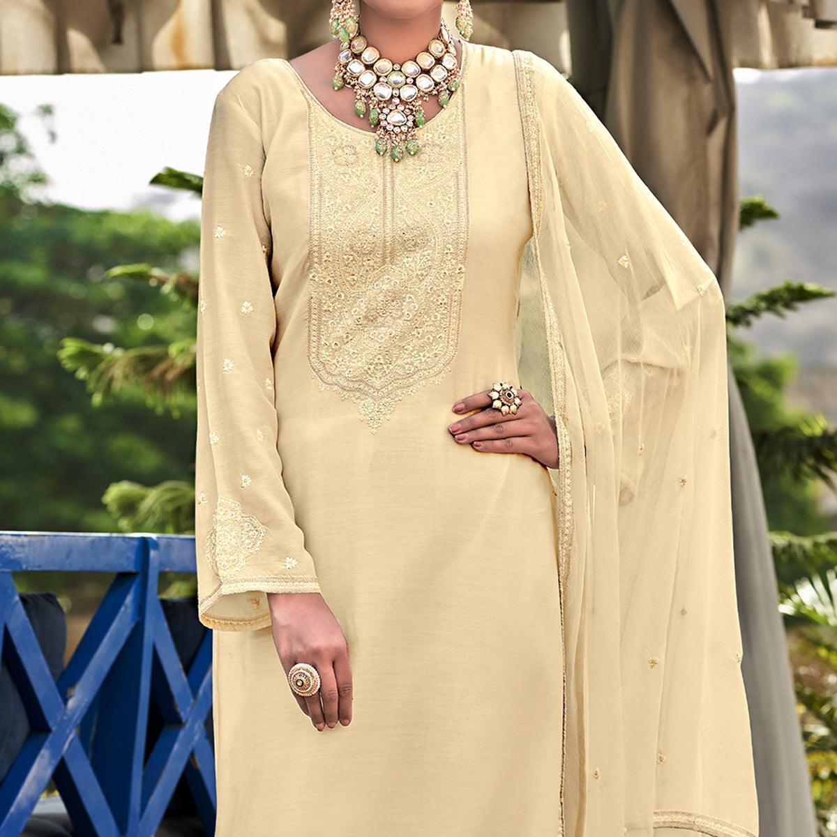 Peachmode Cream Embroidered Cotton Silk Suit - view 3