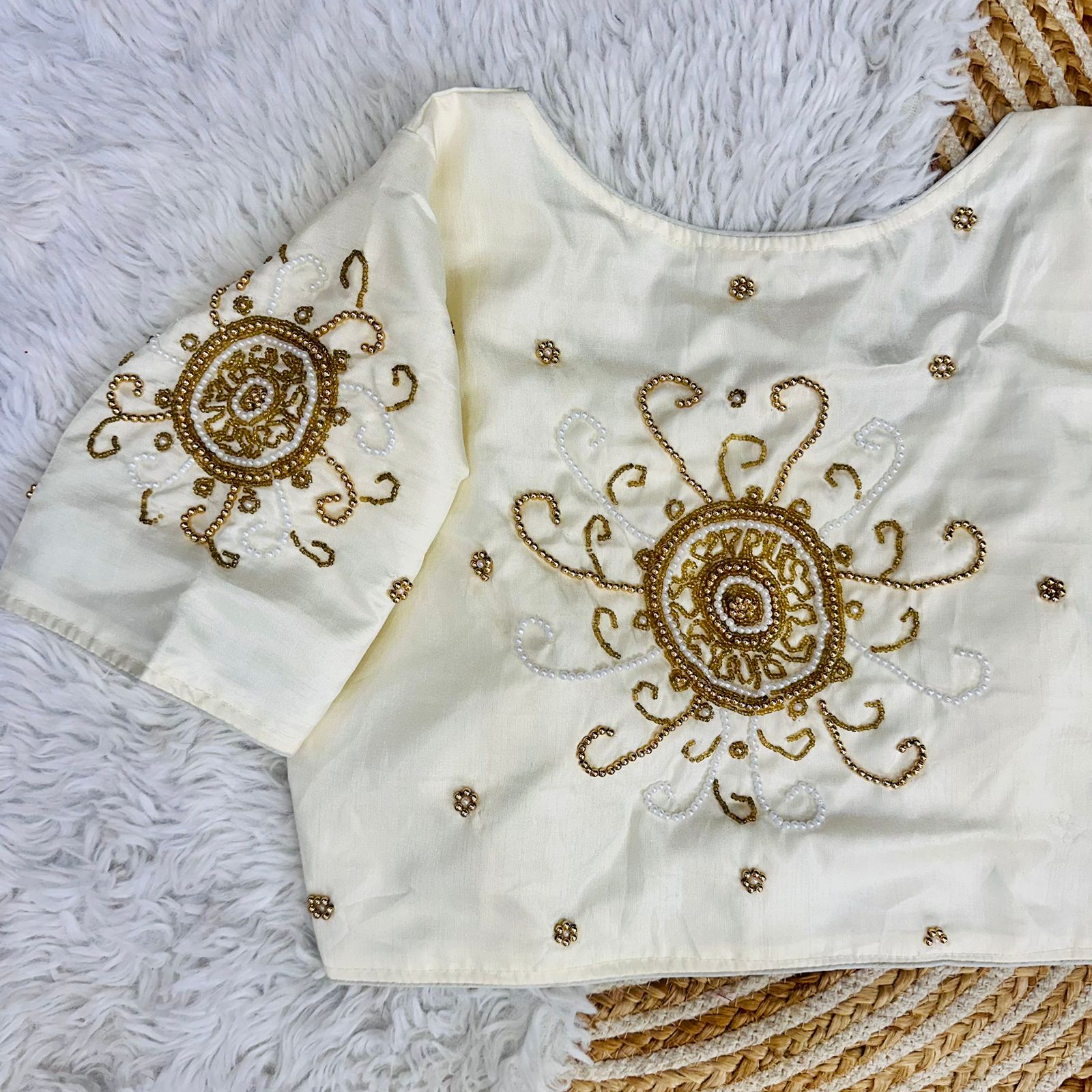 ClothsVilla White Golden Handcrafted Makhana Silk Blouse with White Pearl Accents - view 2