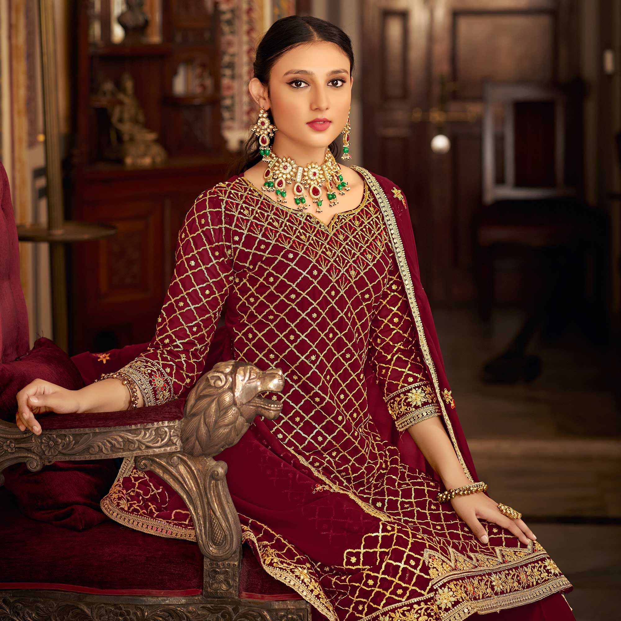 Peachmode Maroon Sequins Embroidered Chinon Semi Stitched Suit - view 5
