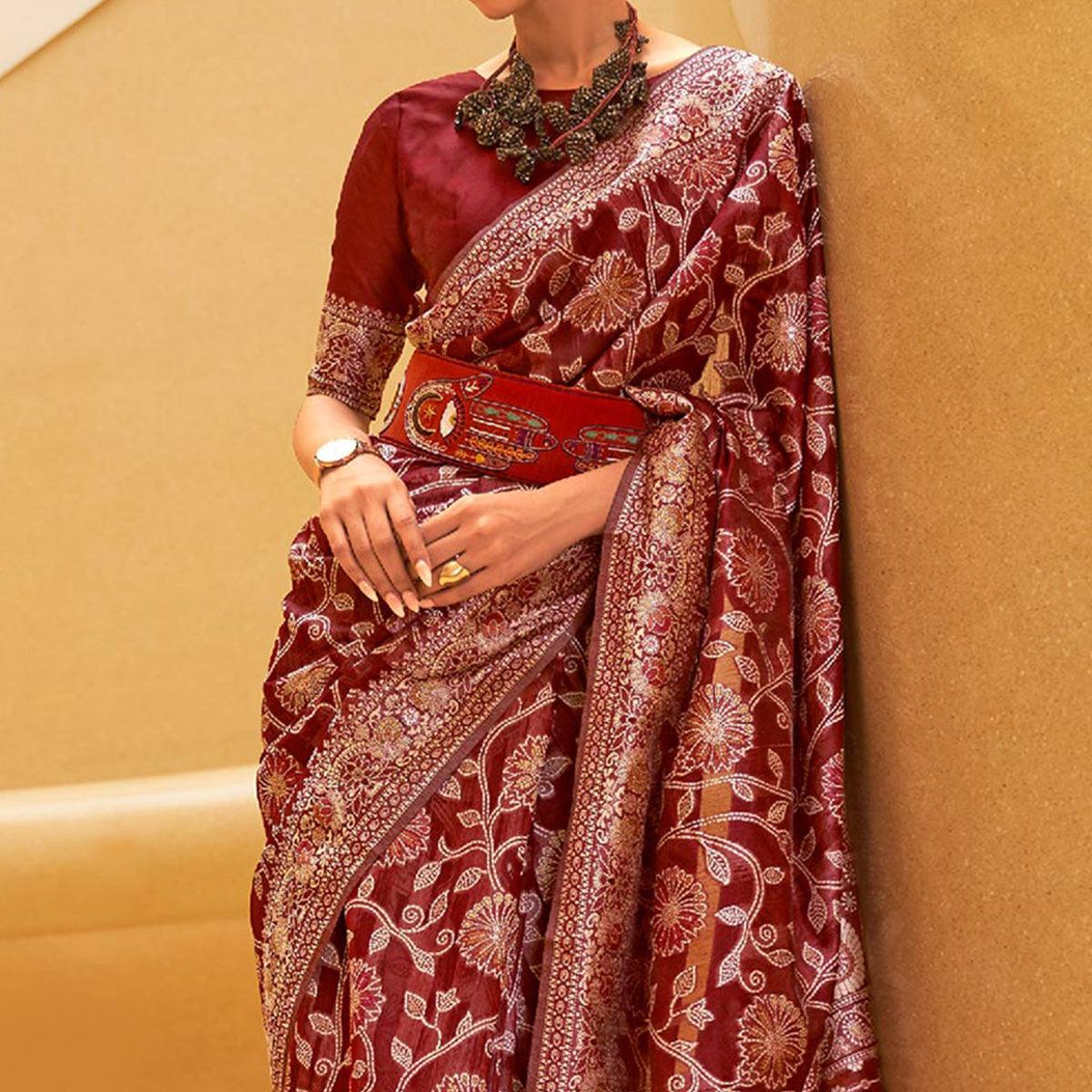 Peachmode Maroon Floral Woven Art Silk Saree – Women's - view 2