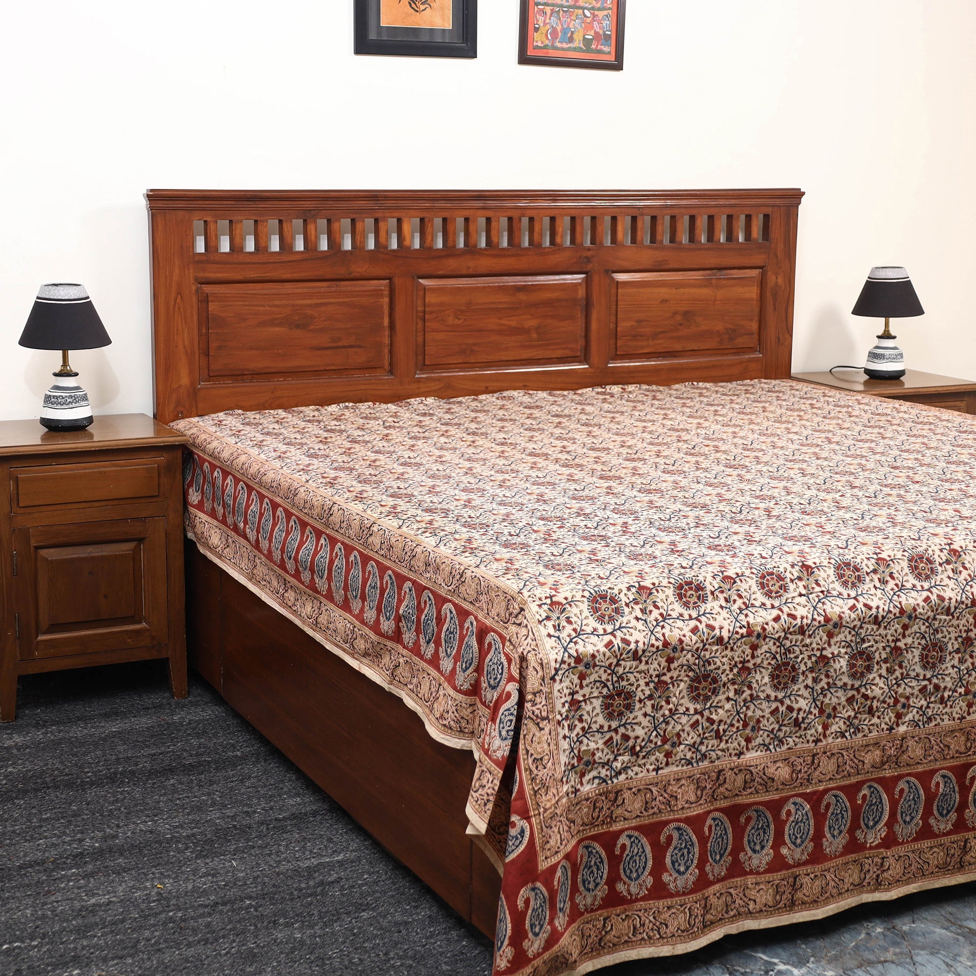 PITCHUKA SRINIVAS KALAMKARI PEDANA Beige - Pedana Kalamkari Block Printed Cotton Double Bed Cover (111 x 91 in) 08