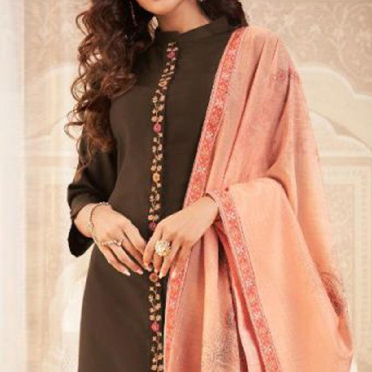 Peachmode Seller Exceptional Brown Colored Partywear Embroidered Heavy Muslin Salwar Suit - view 2