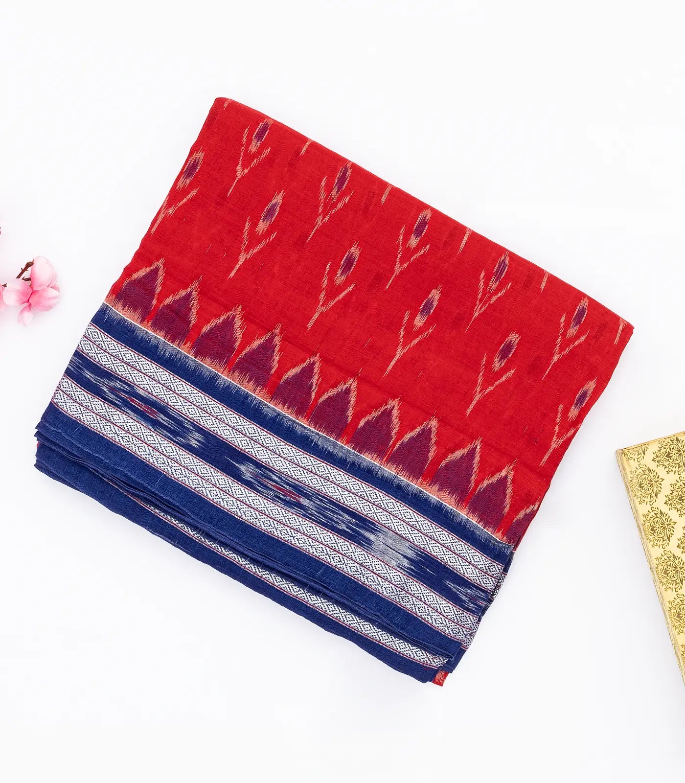 RmKV Red Orissa Cotton Saree With Tie & Dye Motifs & Contrast Navy Blue Border