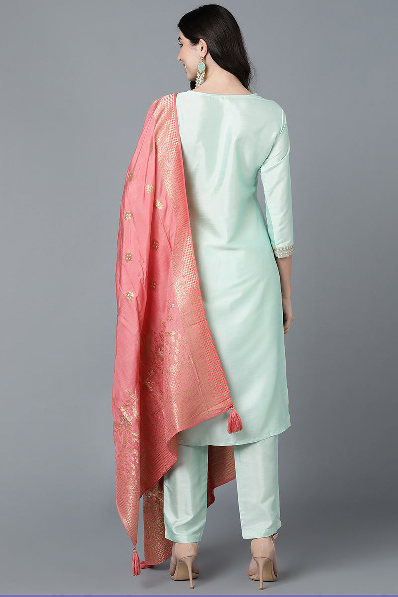 Ahika Mint Green Poly Silk Straight Kurta Pant With Dupatta Set PKSKD1478 - view 4