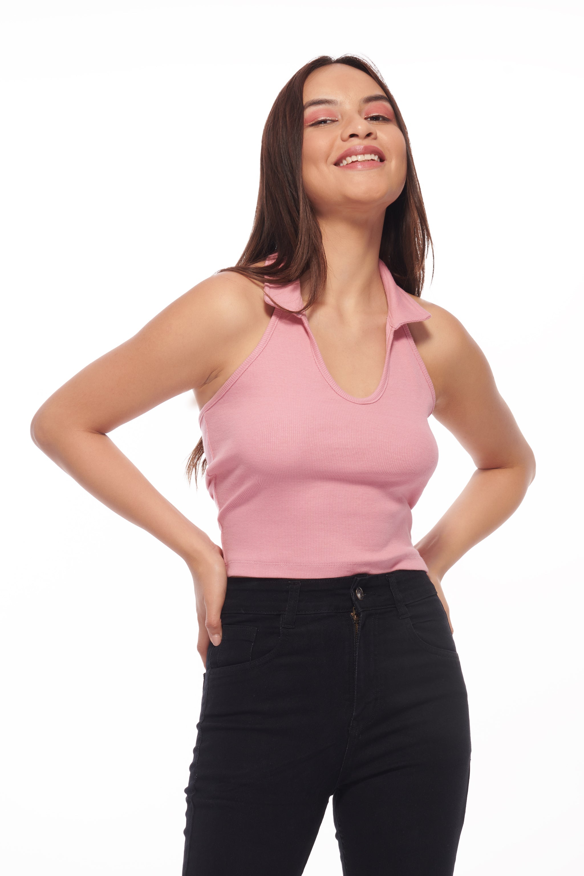 Normcore Polo Collar Halter Top – Pink - view 3