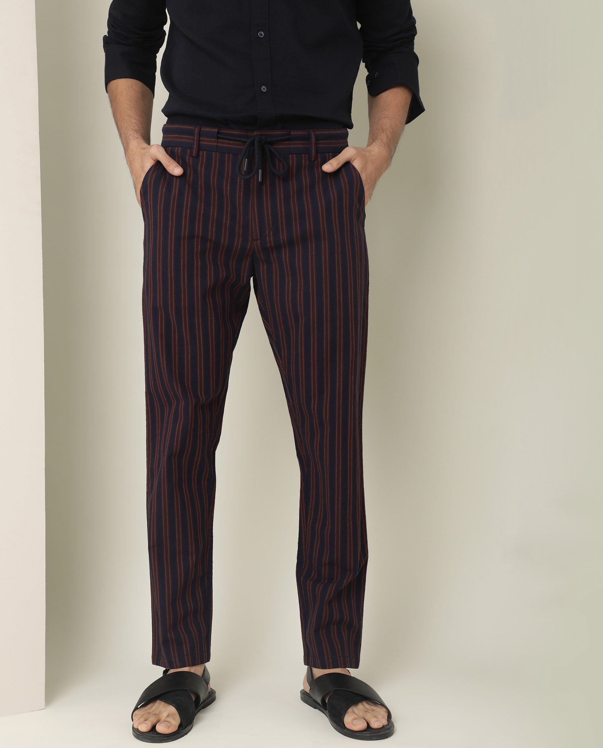 Rare Rabbit Men's Banny Navy Mid-Rise Regular Fit With Drawstring And Elastic Waistband Striped Trouser