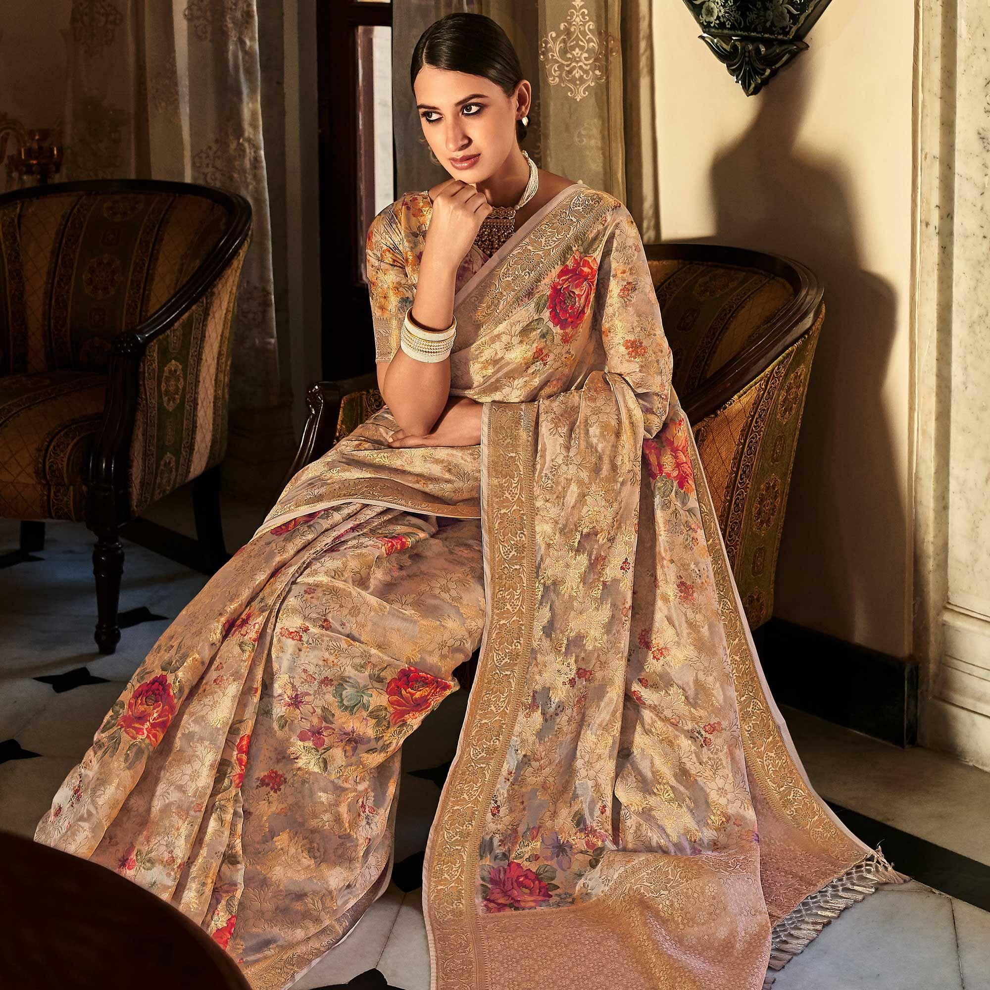 Peachmode Chikoo Woven With Printed Cotton Silk Saree With Tassels - view 2
