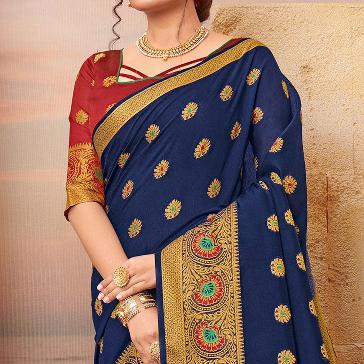 Peachmode Jazzy Navy Blue Colored Festive Wear Woven Cotton Saree - view 2