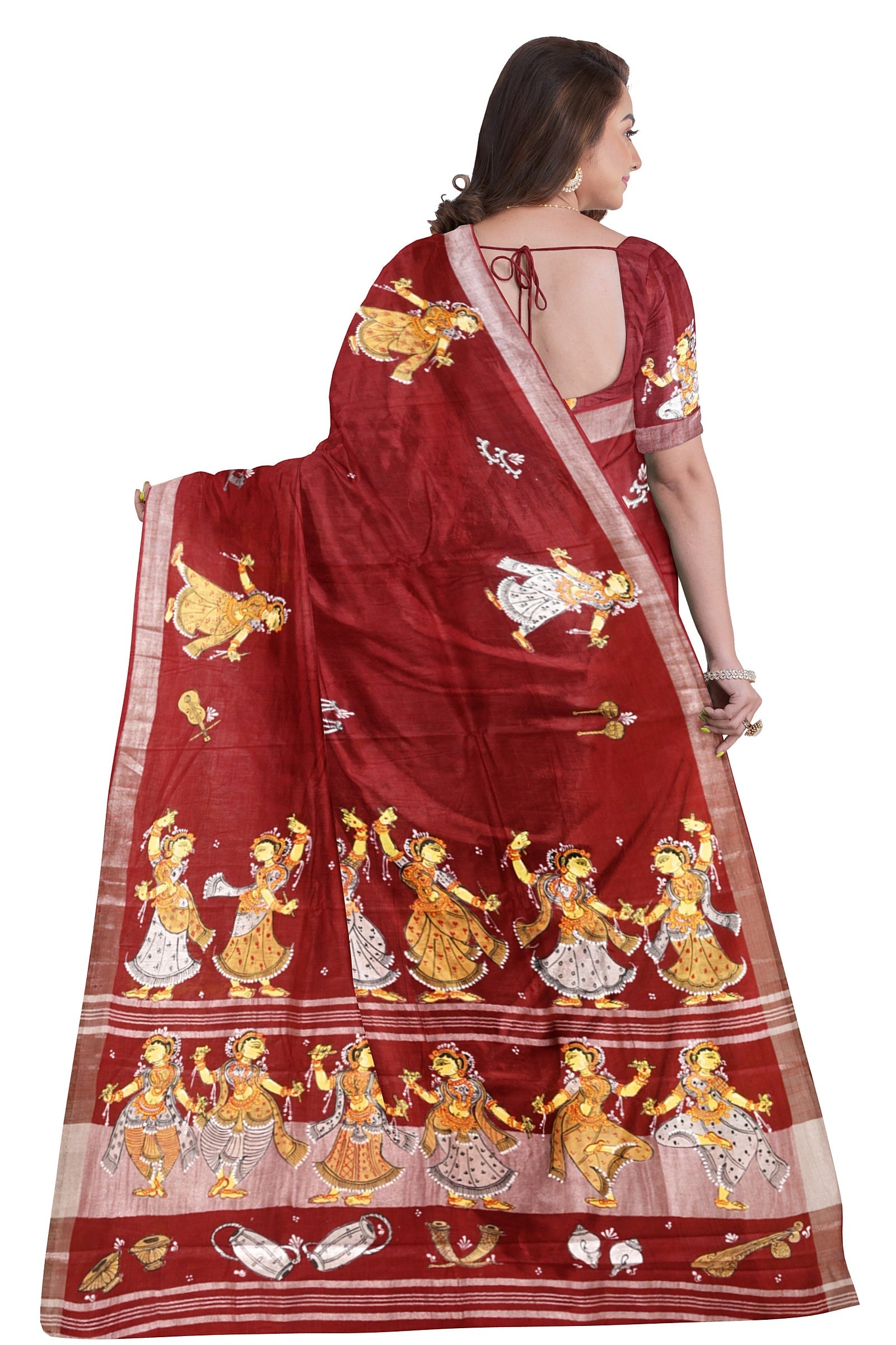 IndianVillèz Maroon Nartaki Theme Hand-Painted Pattachitra Saree