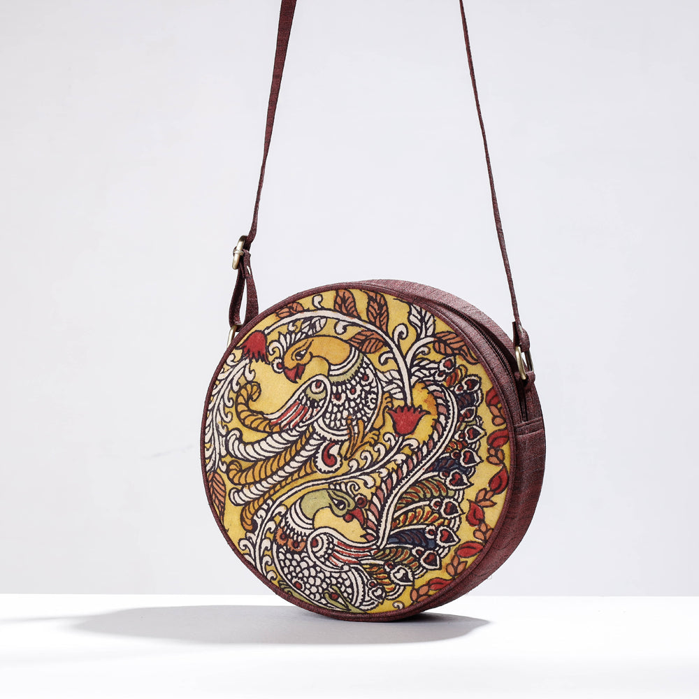 DWARAKA PLUS Brown - Round Sling Bag - Handpainted Kalamkari Natural Dyed Ghicha Silk - view 2