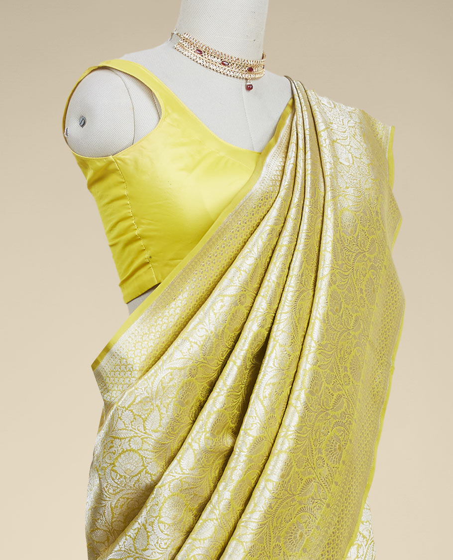 Pothys Yellow floral jacquard banaras silk saree with self intricate zari border